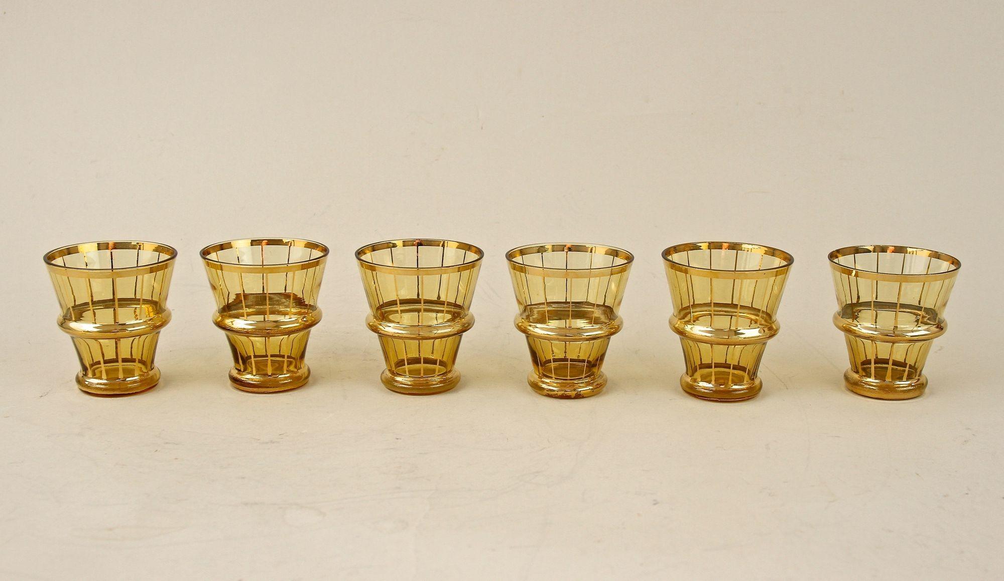 Amber Colored Gilt Art Deco Glass Decanter Set with 6 Shot Glasses, CZ ca. 1920 For Sale 7