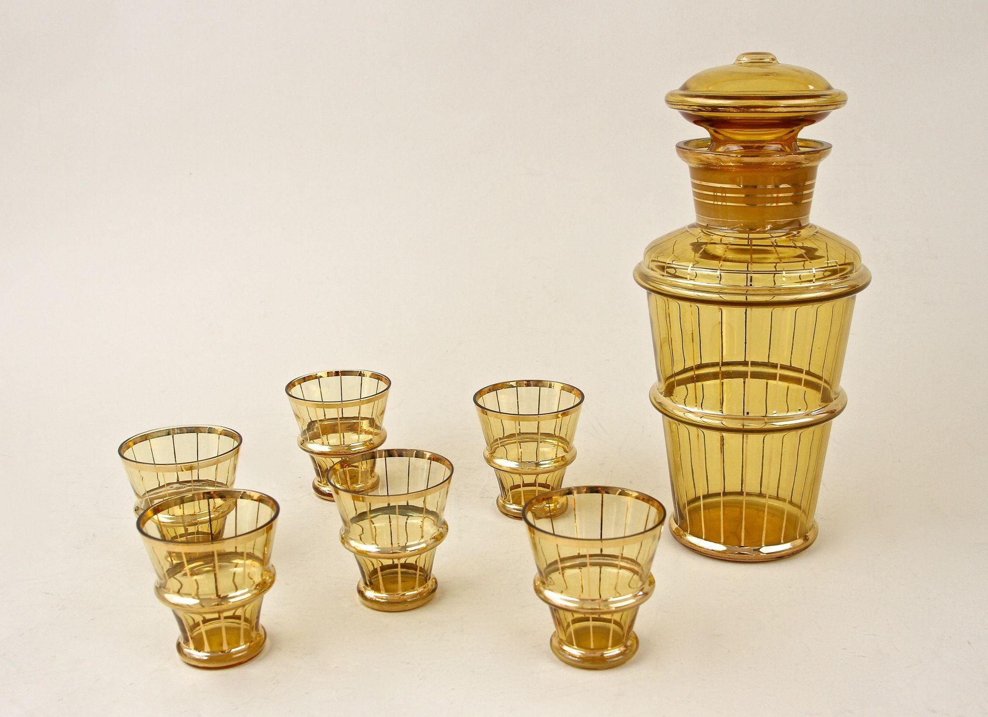 Amber Colored Gilt Art Deco Glass Decanter Set with 6 Shot Glasses, CZ ca. 1920 For Sale 13