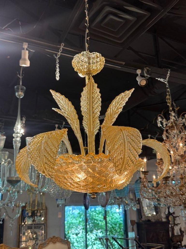 Italian Amber Colored Murano Glass Leaf Chandelier For Sale