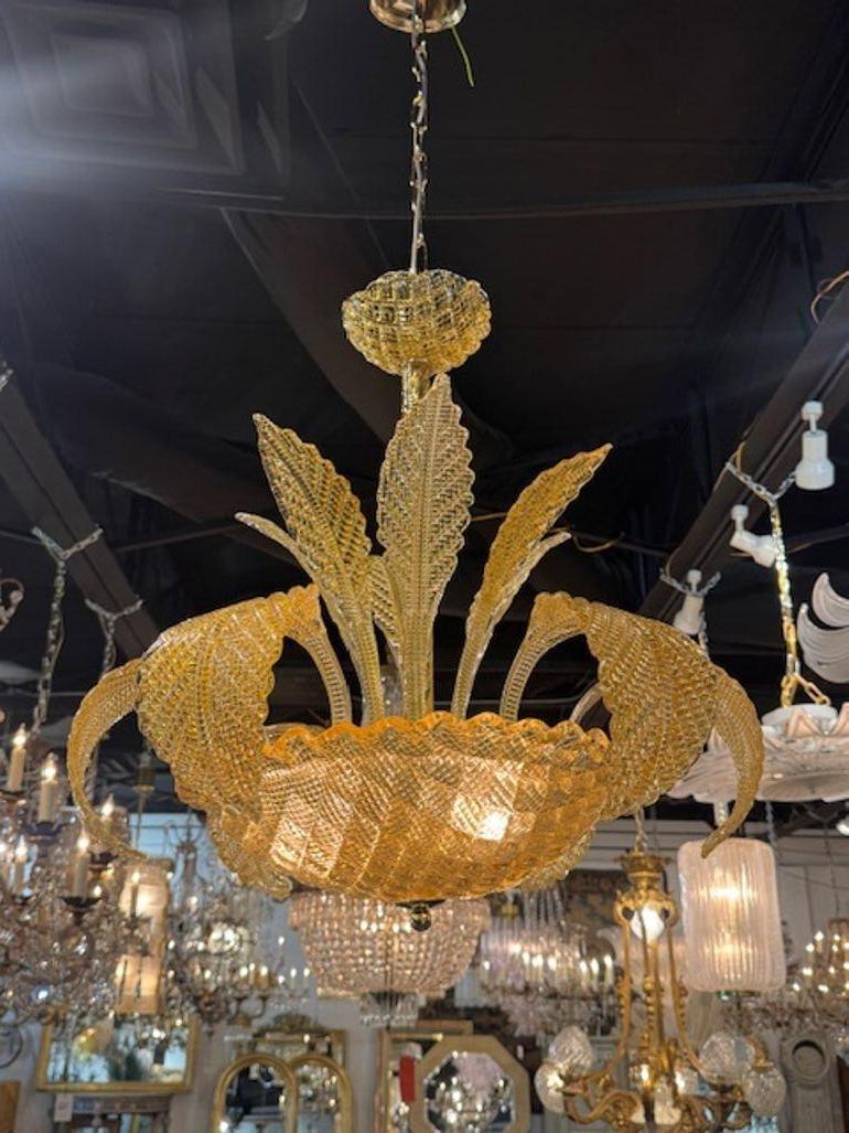 Amber Colored Murano Glass Leaf Chandelier In Good Condition For Sale In Dallas, TX