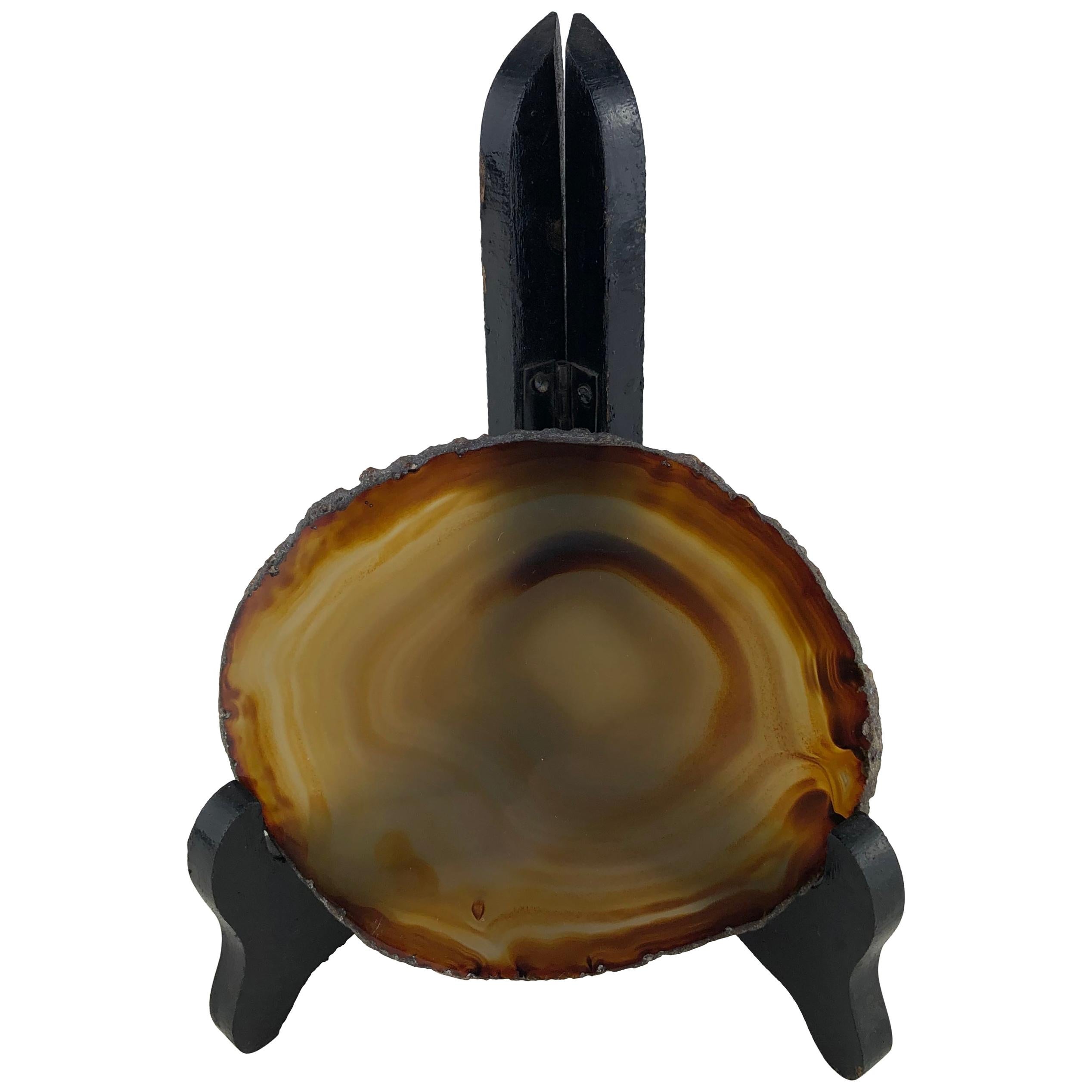 Amber Colored Natural Stone with Wood Stand For Sale