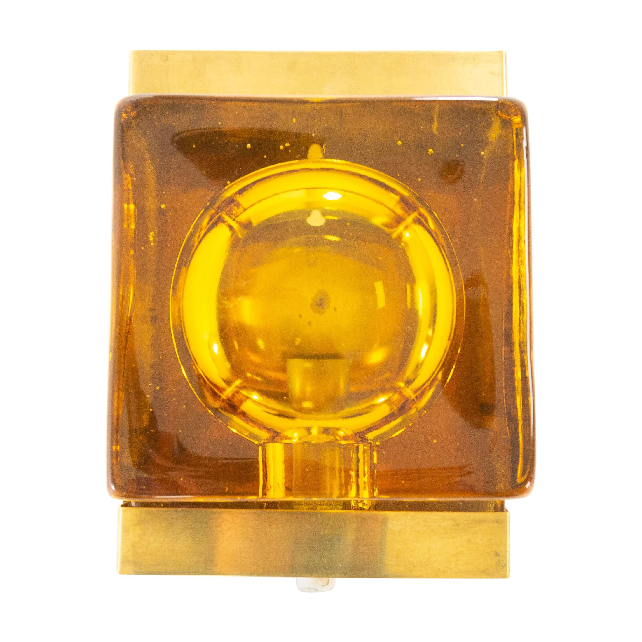 Amber Coloured Maritim Glass and Brass Wall Lamp by Vitrika, 1970s