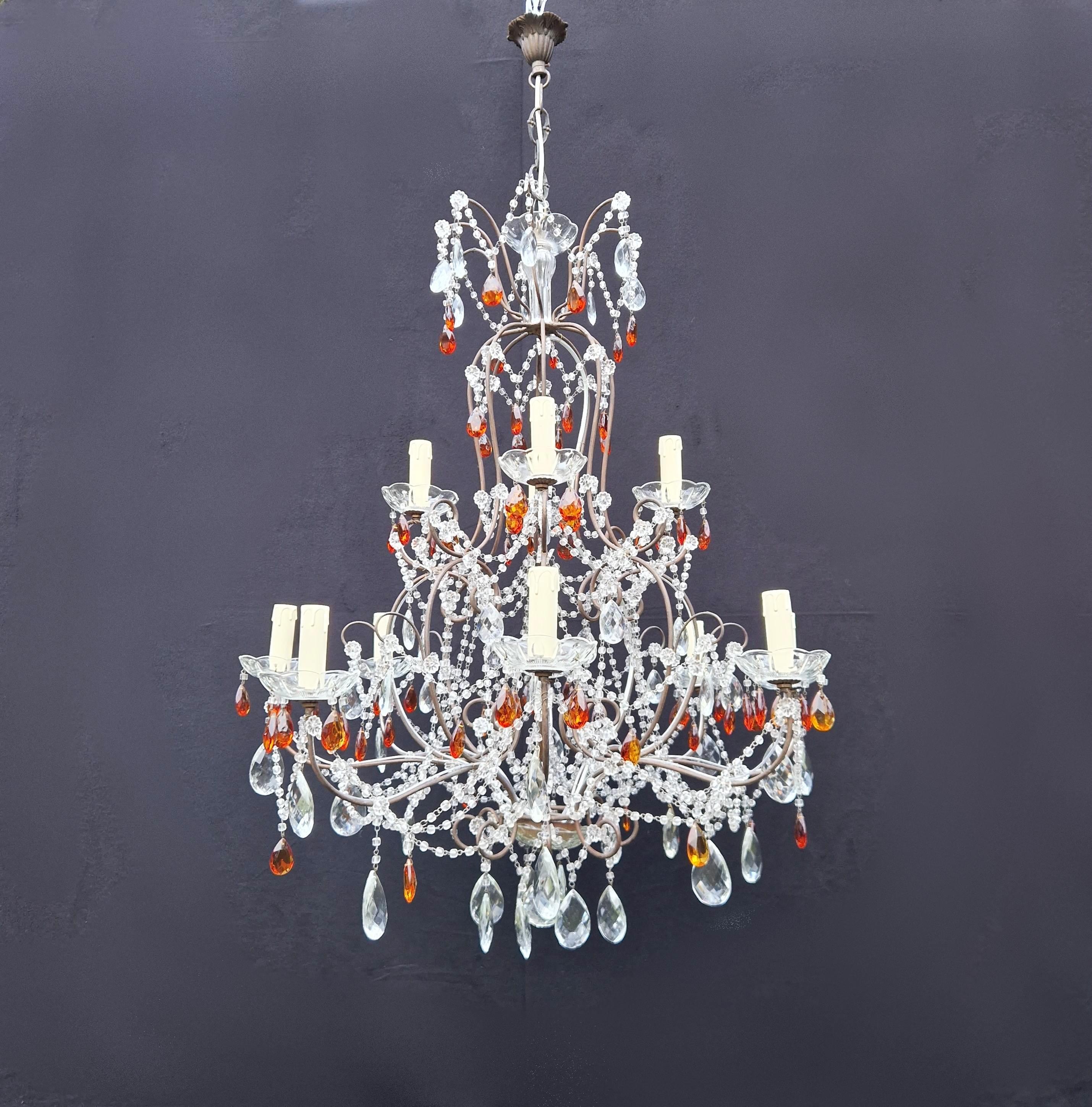Italian Amber Crystal Antique Chandelier Ceiling Florentiner Lustre Art Nouveau For Sale