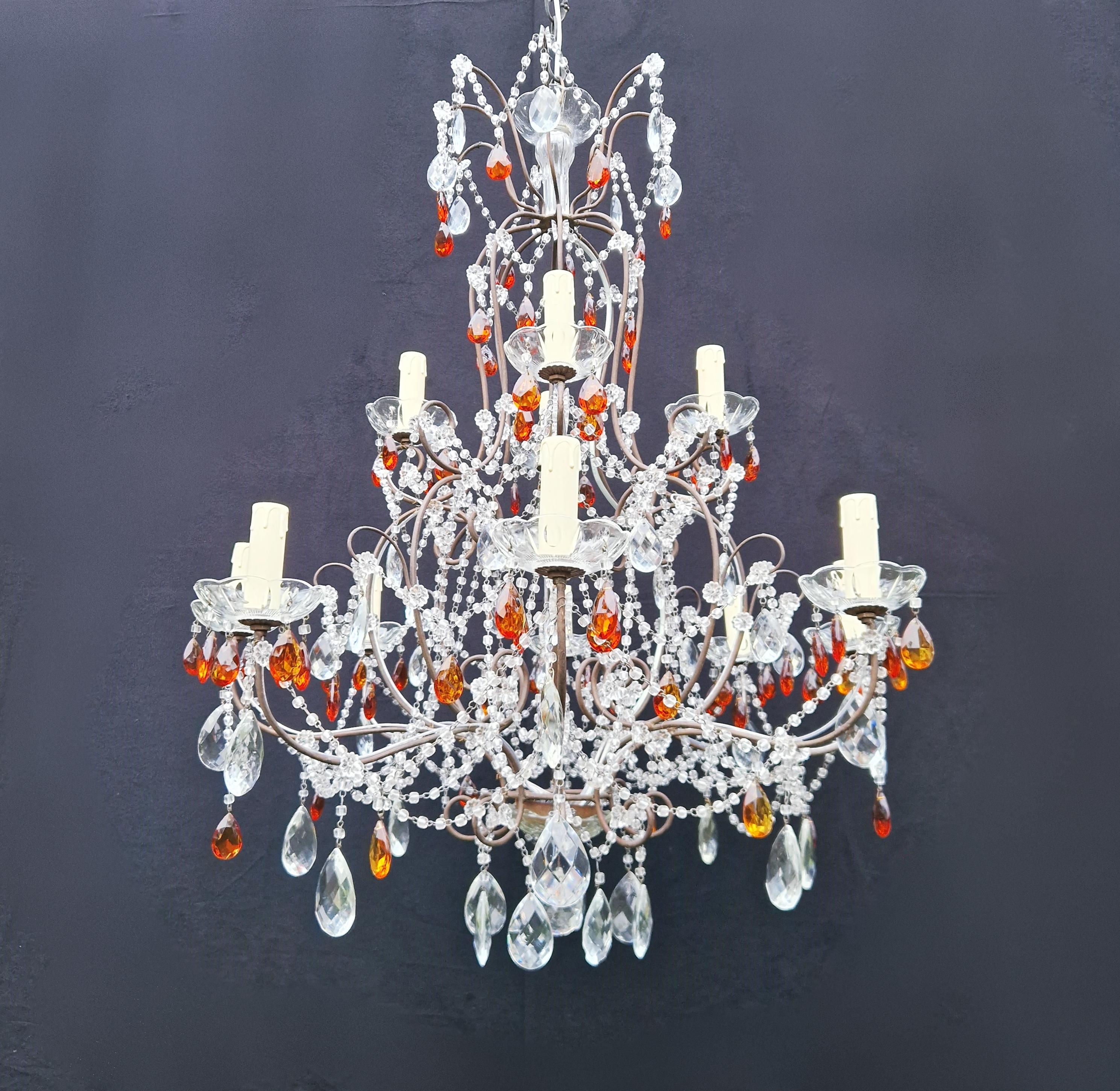 Hand-Crafted Amber Crystal Antique Chandelier Ceiling Florentiner Lustre Art Nouveau For Sale
