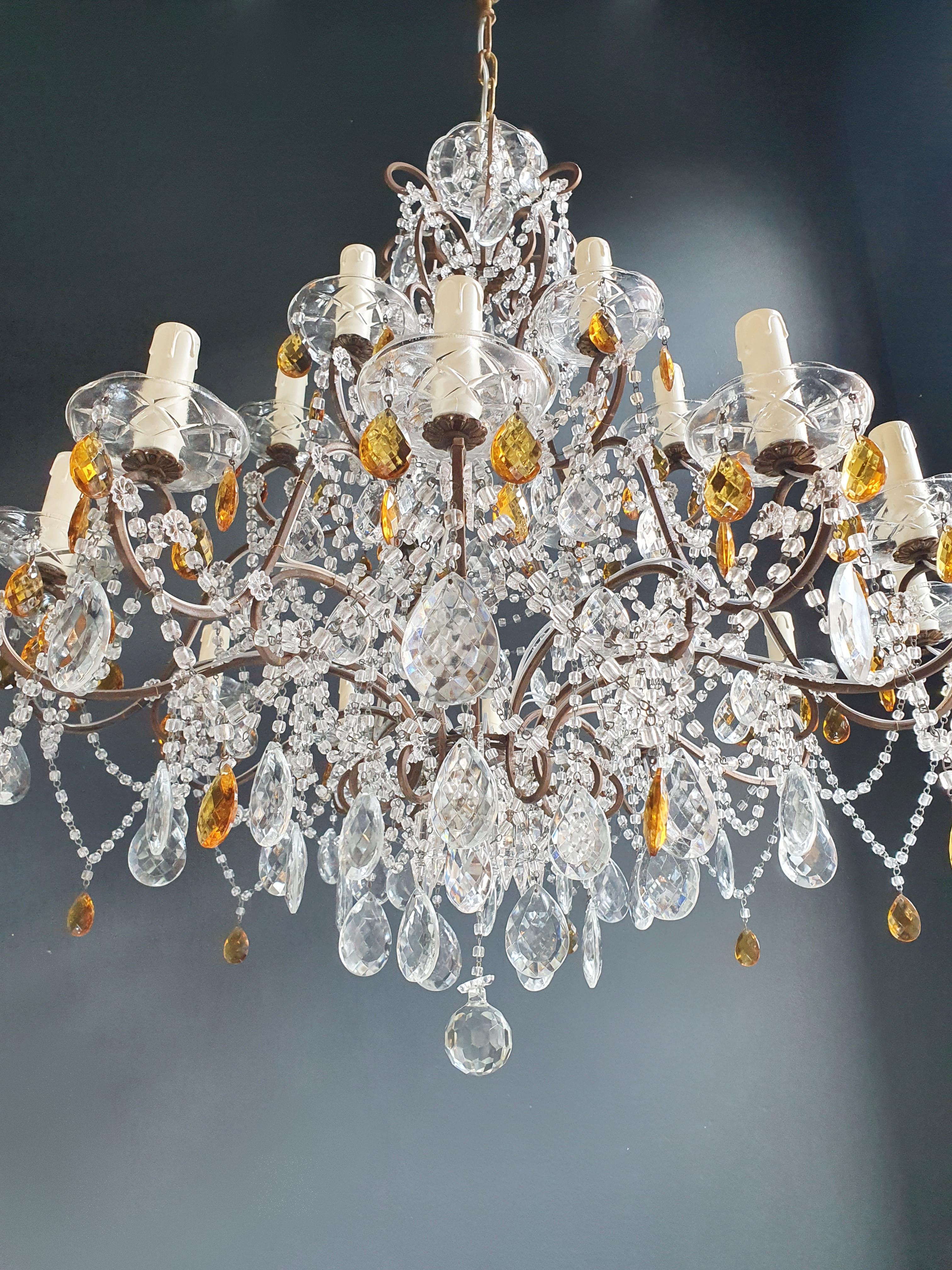 Brass Amber Crystal Antique Chandelier Ceiling Florentiner Lustre Art Nouveau For Sale