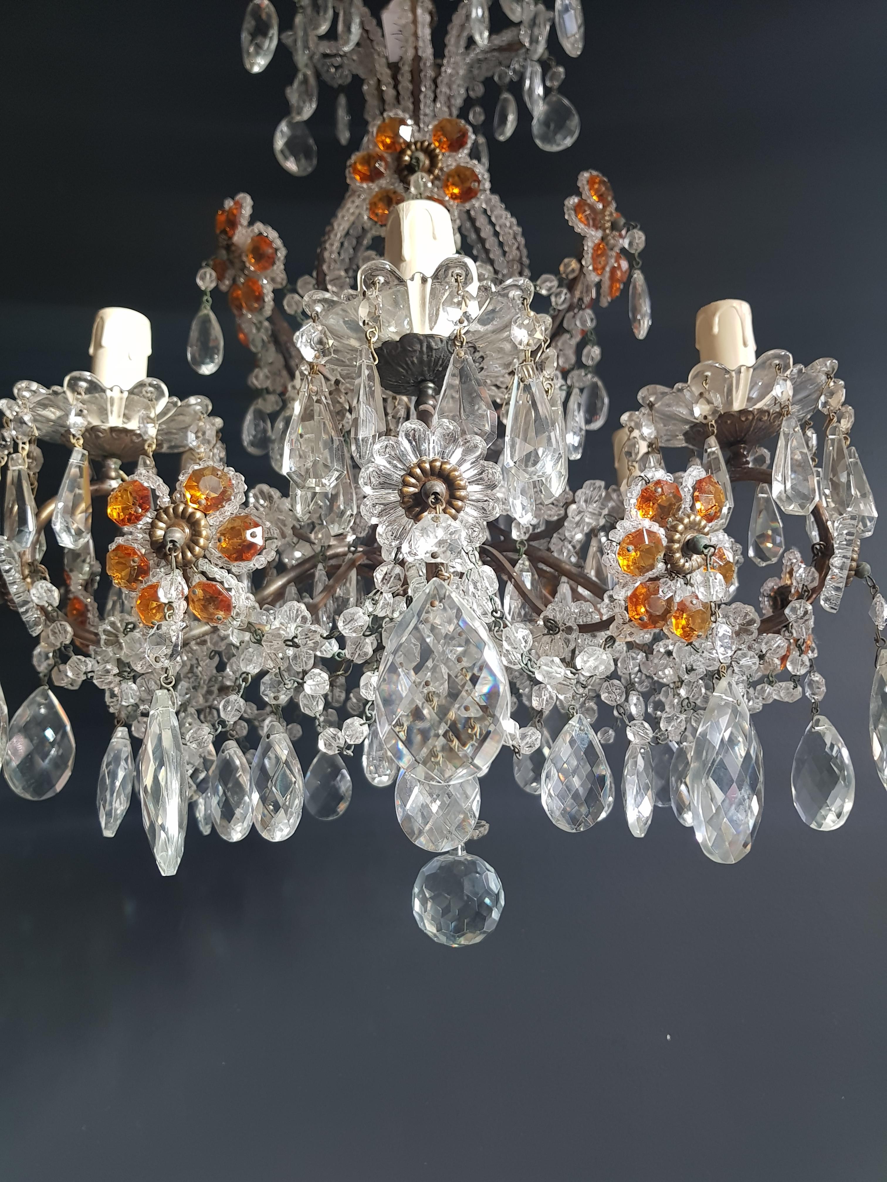Amber Crystal chandelier ceiling Murano Florentiner Lustre 

Measures: Total height 120 cm, height without chain 64 cm, diameter 50 cm. Weight (approximately): 8kg.

Number of lights: Six-light bulb sockets: x E14 material: Iron, Cut glass, crystal,