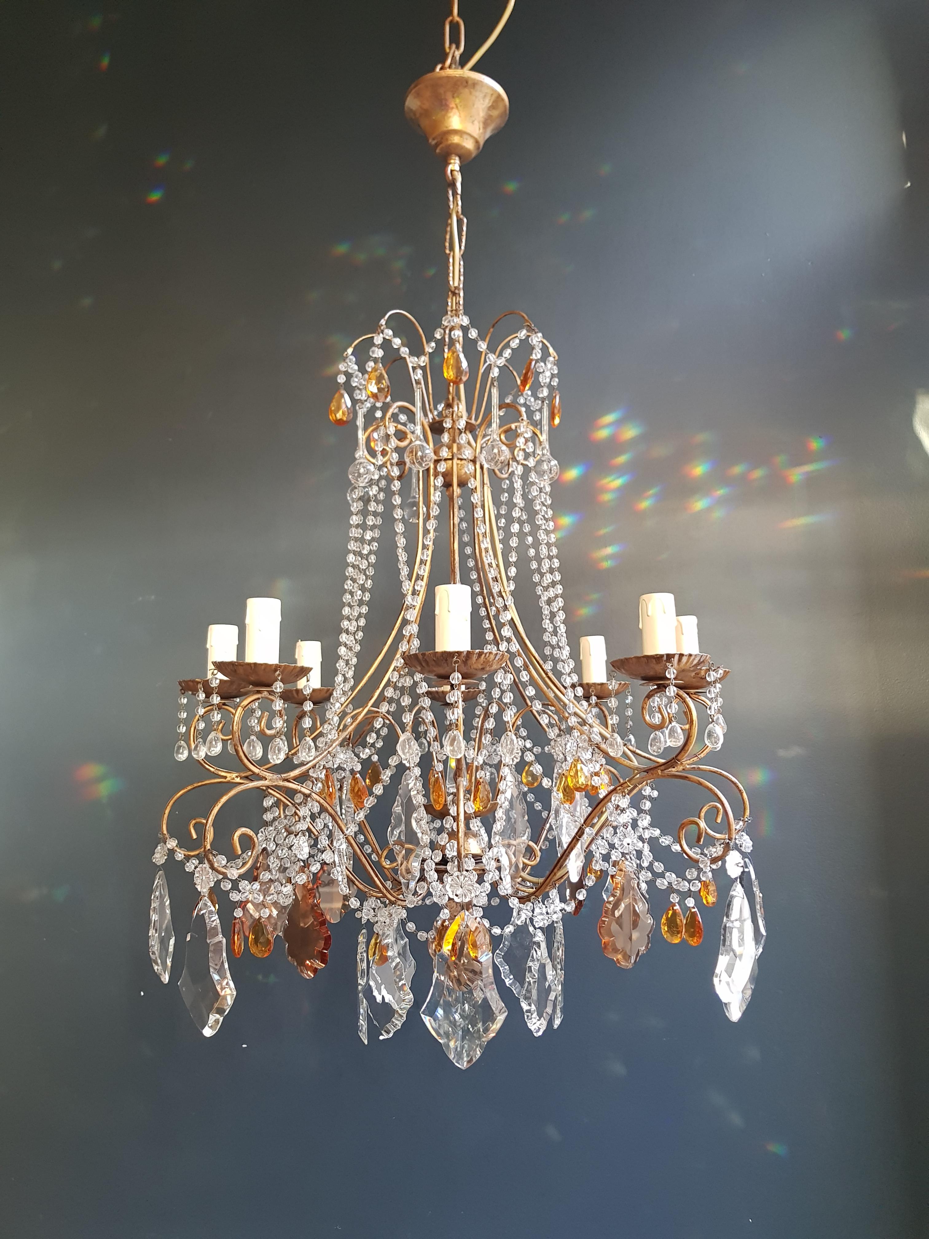 Amber Crystal Chandelier Antique Ceiling Murano Florentiner Lustre Art Nouveau In Good Condition For Sale In Berlin, DE