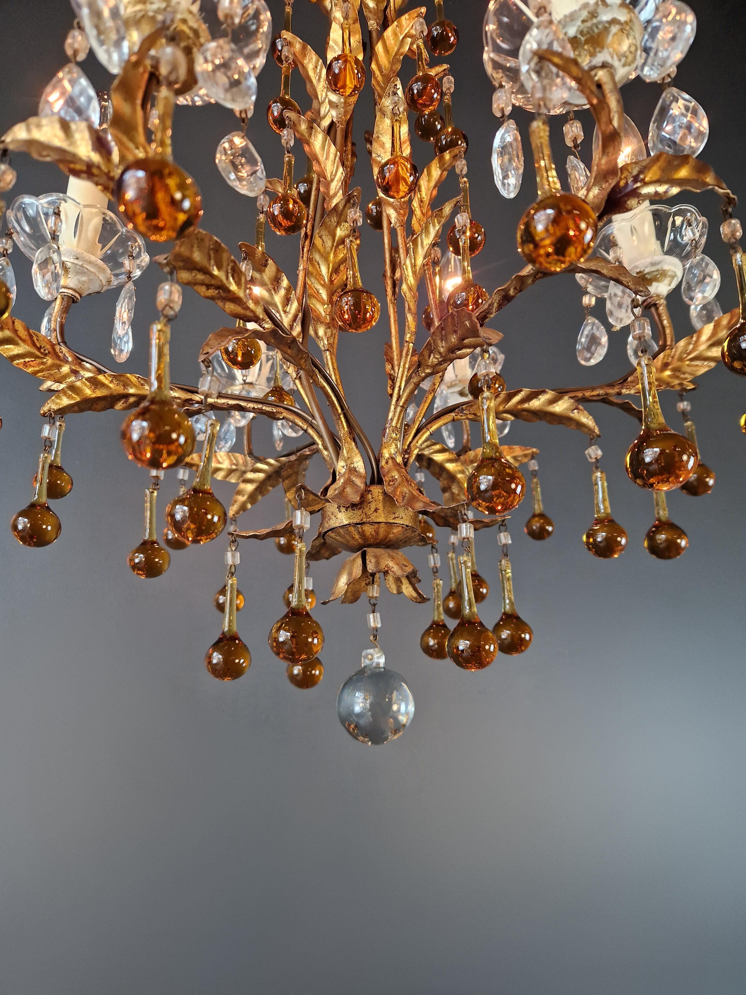 Metà XX secolo Lampadario in cristallo ambrato antico da soffitto Murano Florentiner Lustre Art Nouveau in vendita