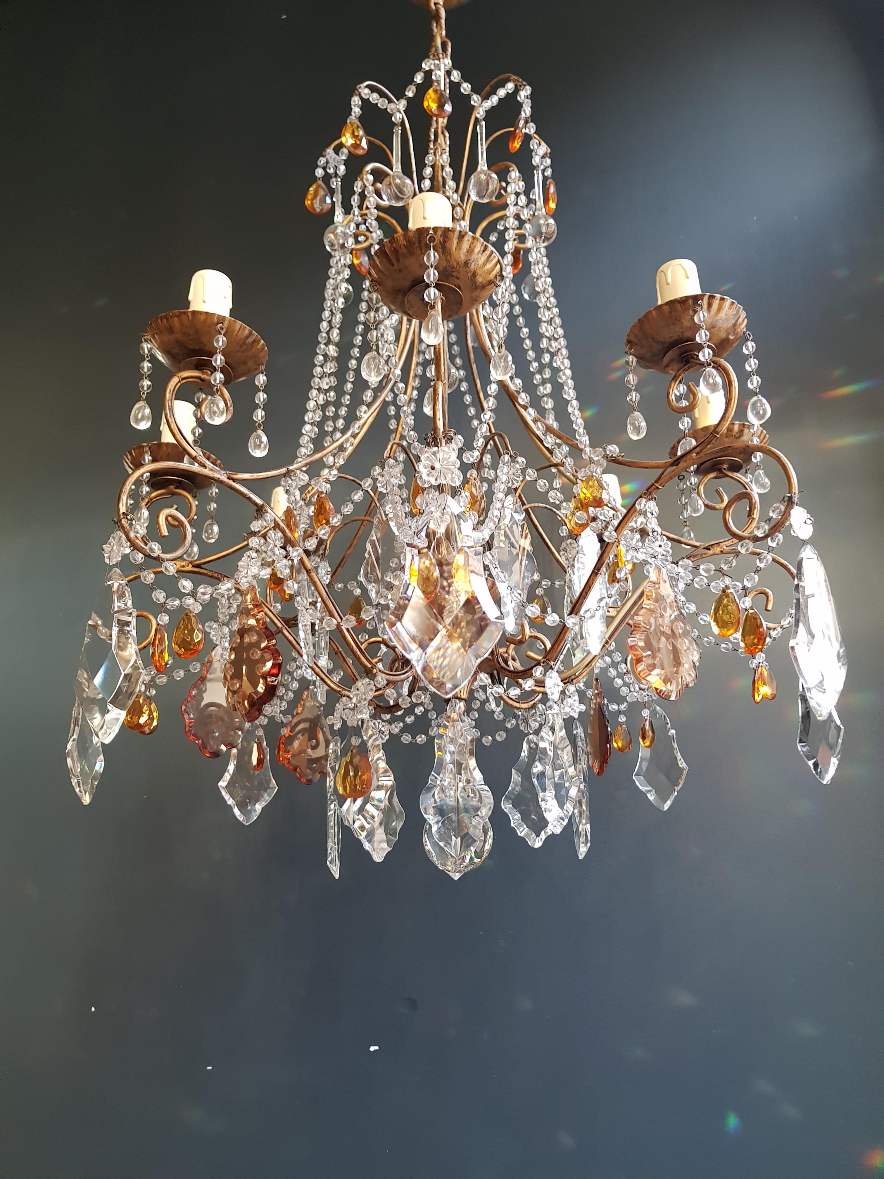 Iron Amber Crystal Chandelier Antique Ceiling Murano Florentiner Lustre Art Nouveau For Sale