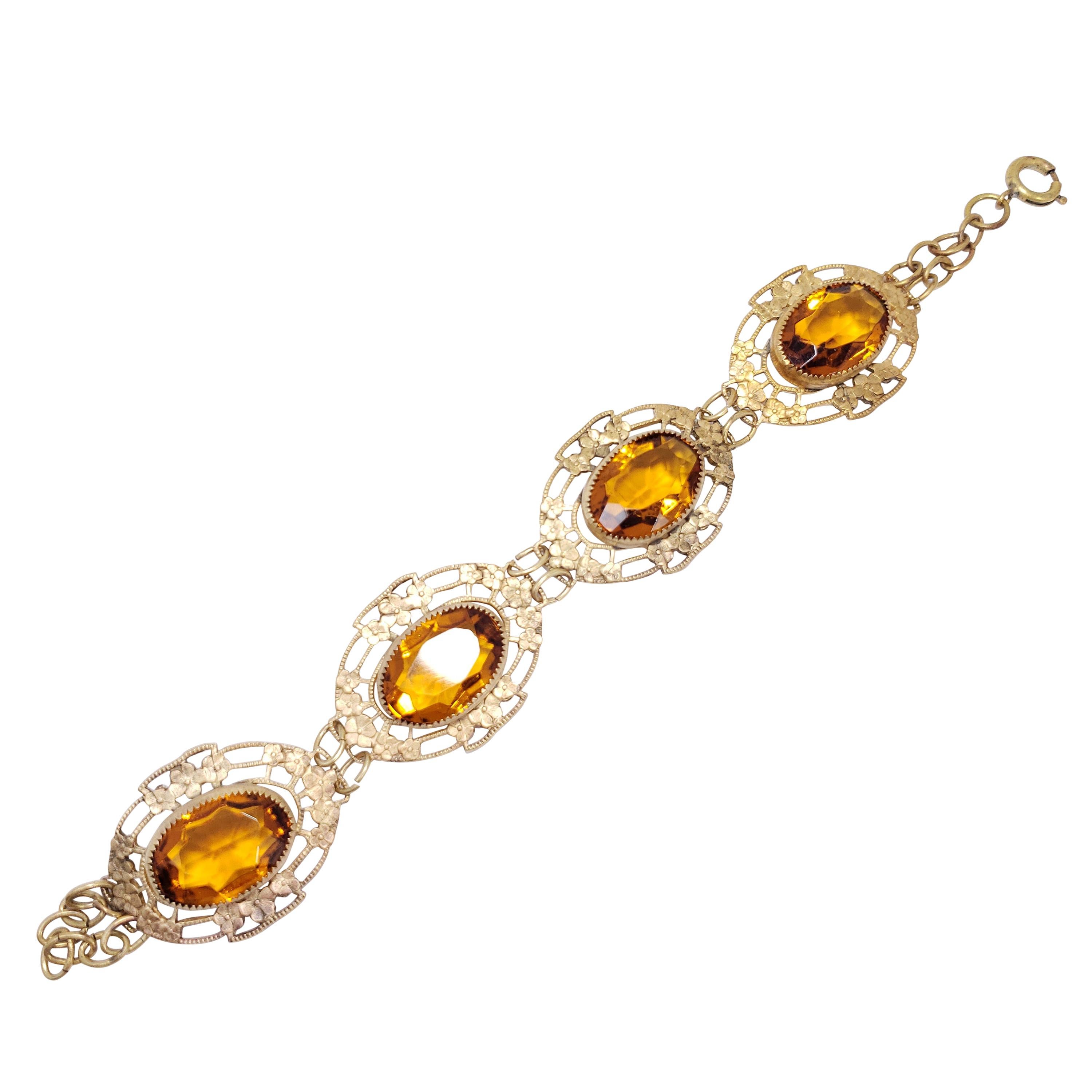 Amber Crystal Floral Brass Link Bracelet, Vintage, 20th Century