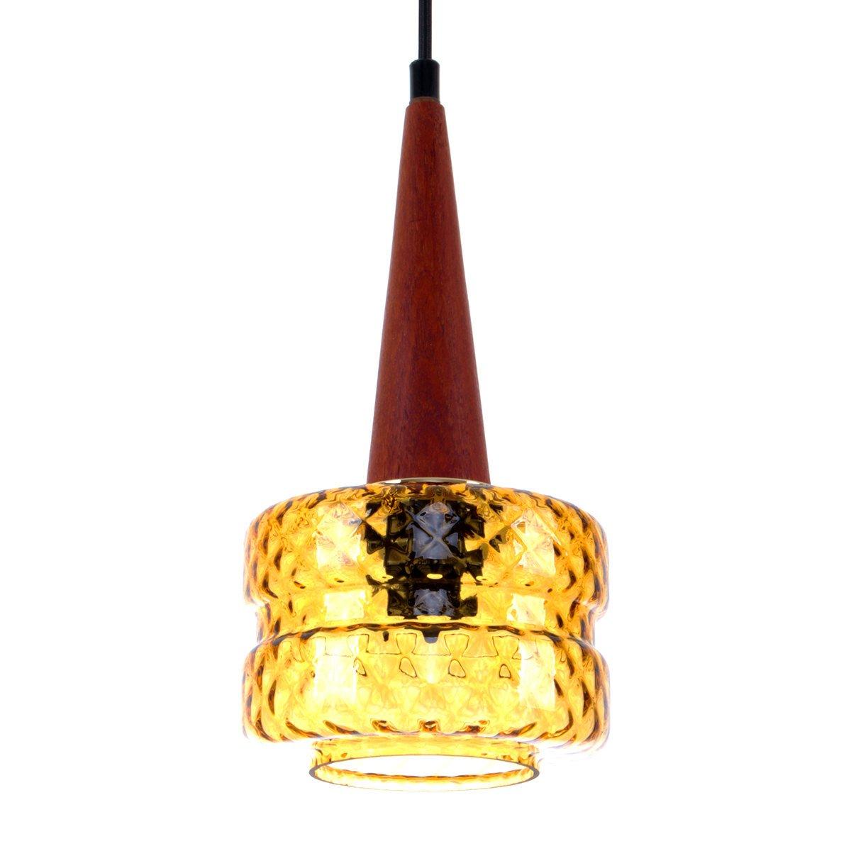 Scandinavian Modern Amber Crystal Glass Lamp with Teak Top 1960s Scandinavia