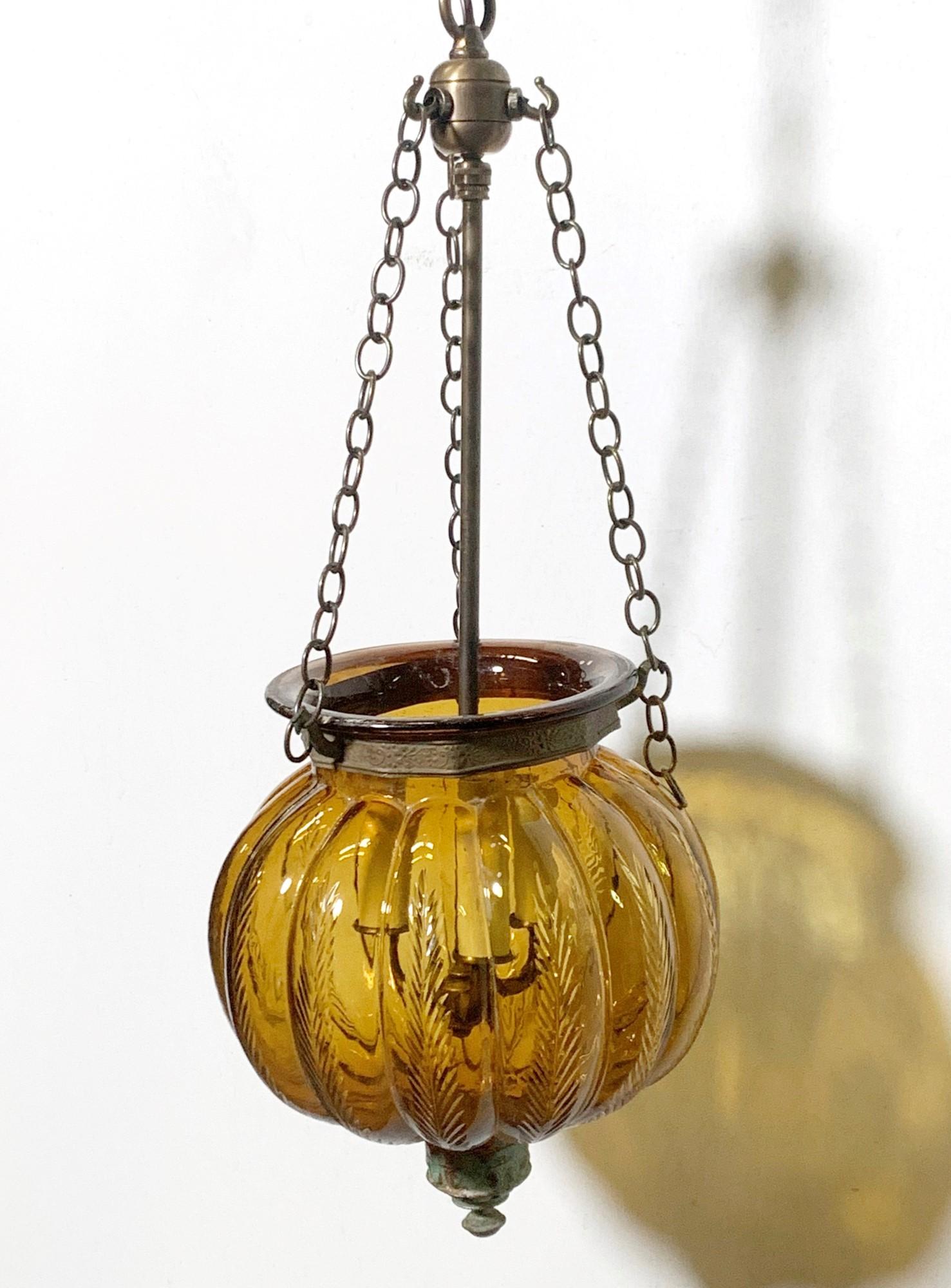 Antique hand-blown etched pumpkin bell jar made in Belgium and signed by Val Saint Lambert which is stamped 