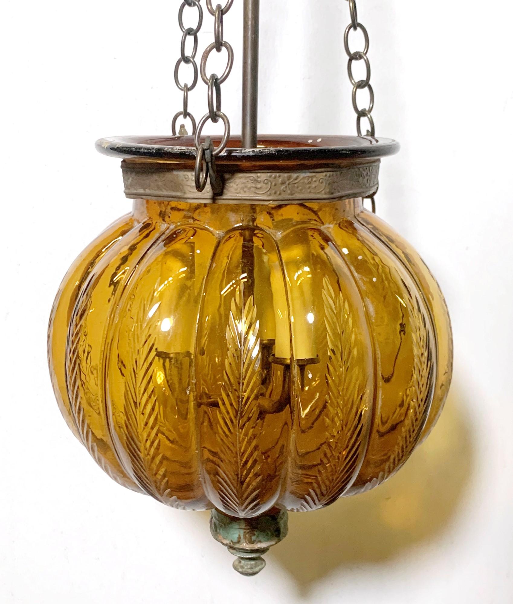 Belgian Amber Crystal Glass Pumpkin Bell Jar Light Signed Val Saint Lambert, Late 1900s