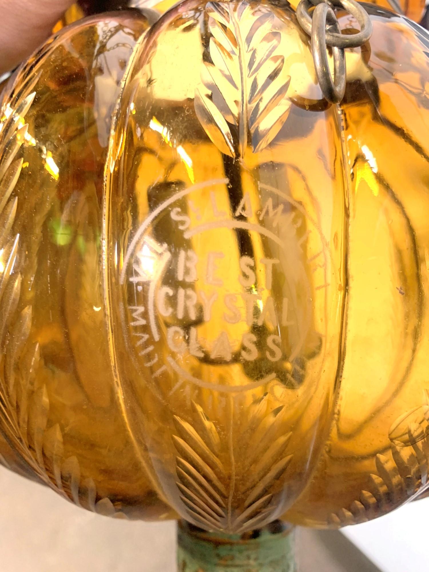 Etched Amber Crystal Glass Pumpkin Bell Jar Light Signed Val Saint Lambert, Late 1900s
