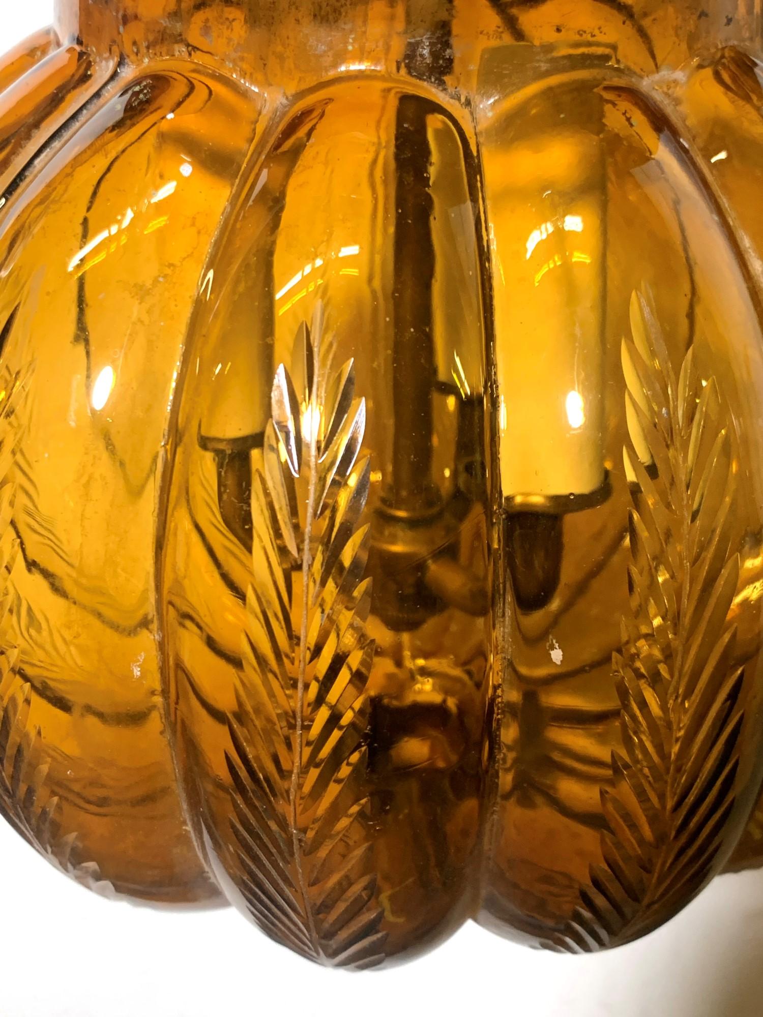 19th Century Amber Crystal Glass Pumpkin Bell Jar Light Signed Val Saint Lambert, Late 1900s