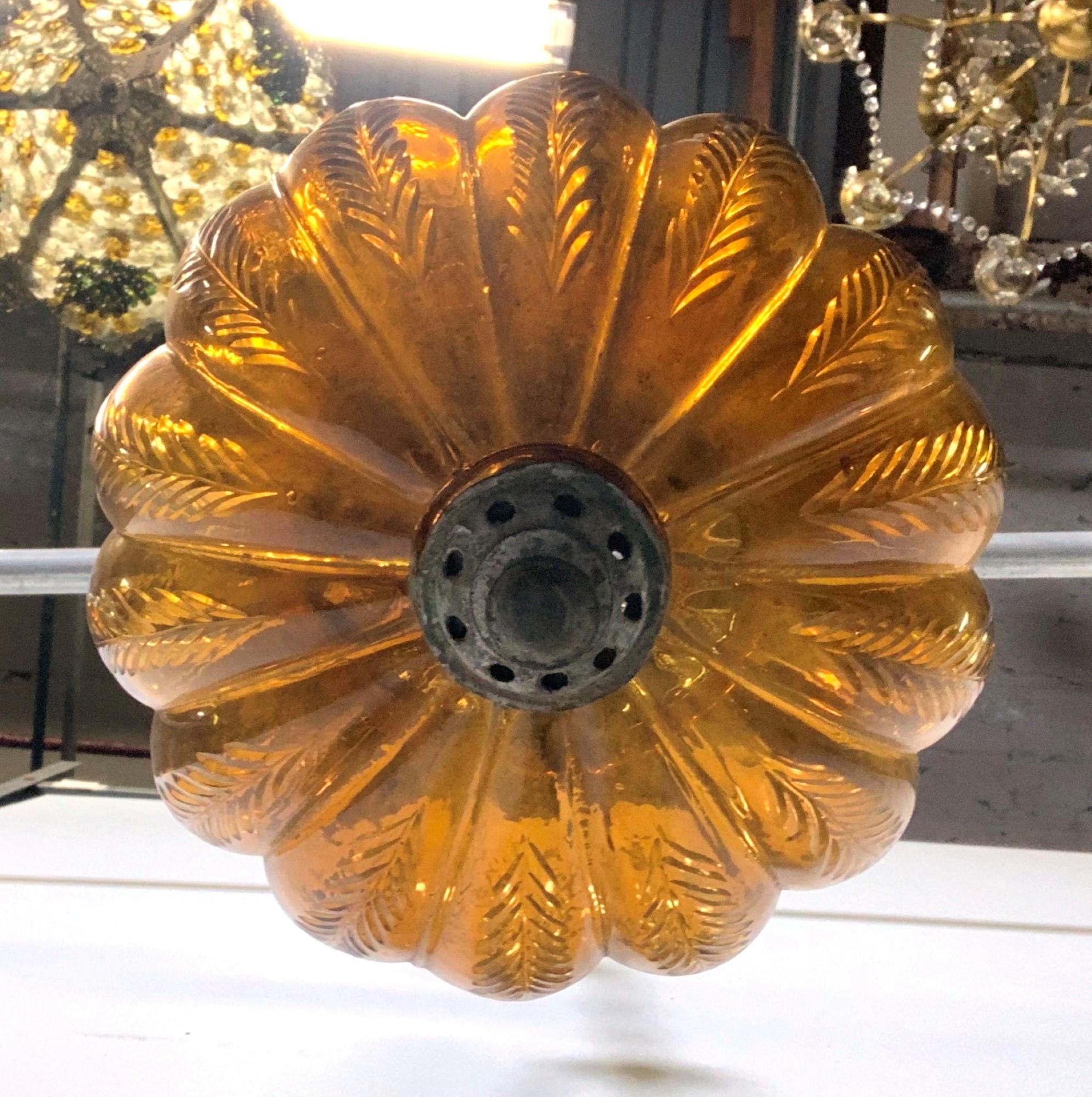 Brass Amber Crystal Glass Pumpkin Bell Jar Light Signed Val Saint Lambert, Late 1900s