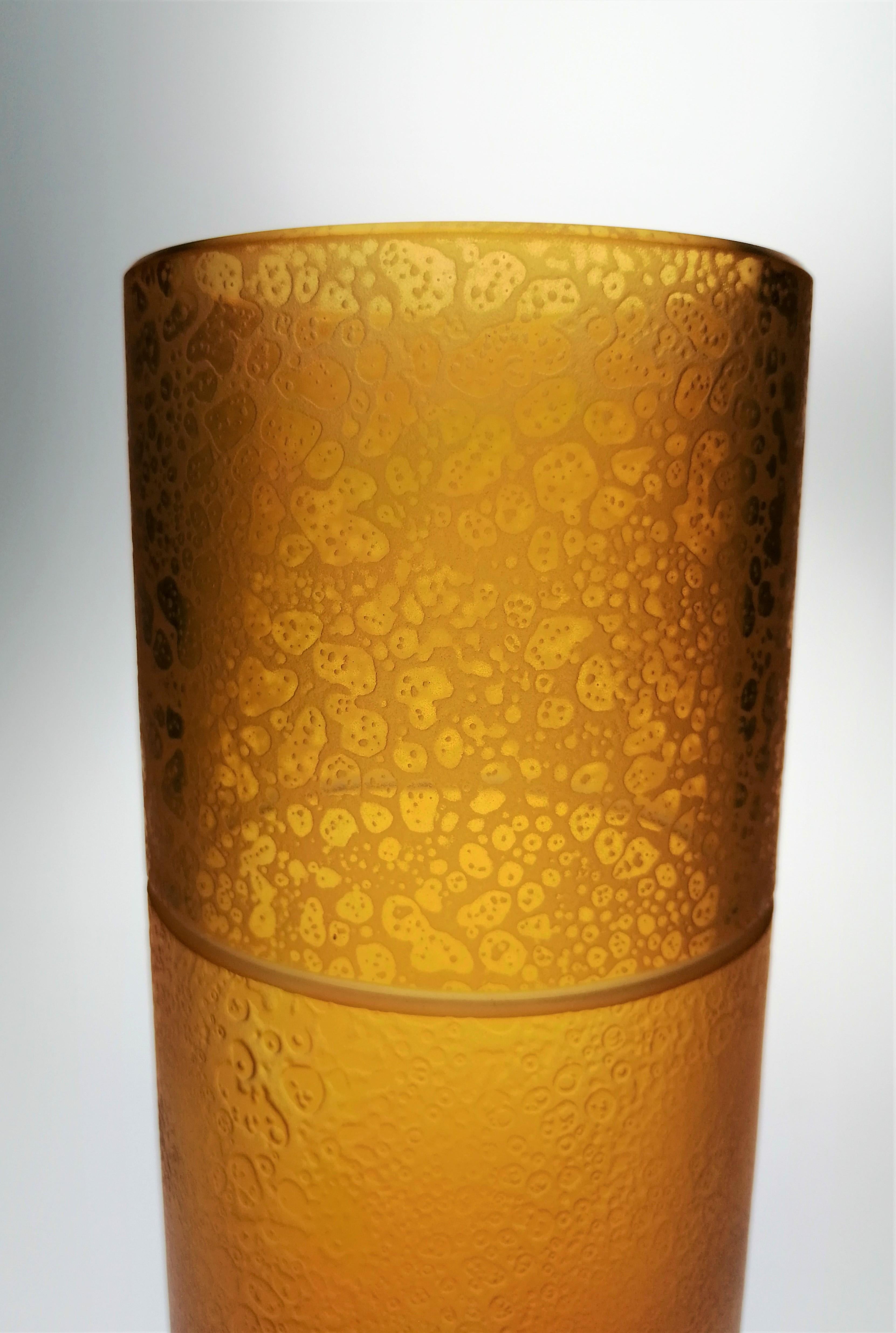 Modern Amber Crystal Vase Tube With Leather Effect For Sale