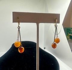 Amber Dangle Drop Earrings 14 Karat Gold Retro Egg Yolk Butterscotch Amber