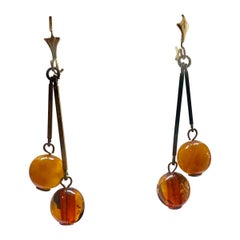 Amber Dangle Drop Earrings 14 Karat Gold Retro Egg Yolk Butterscotch Amber