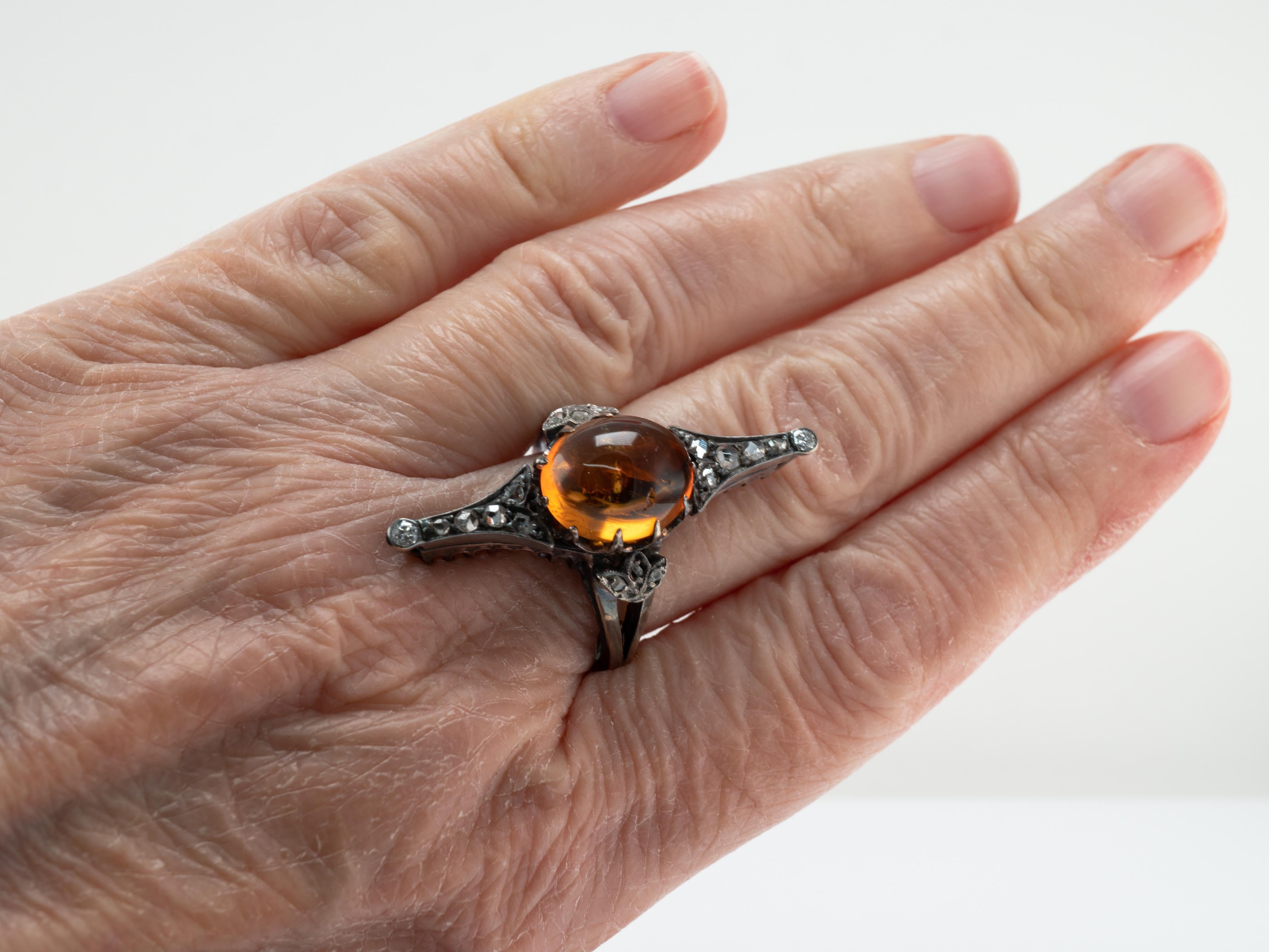 Amber Diamond Ring Elongated 14k White Gold and Sterling Silver Antique For Sale 2