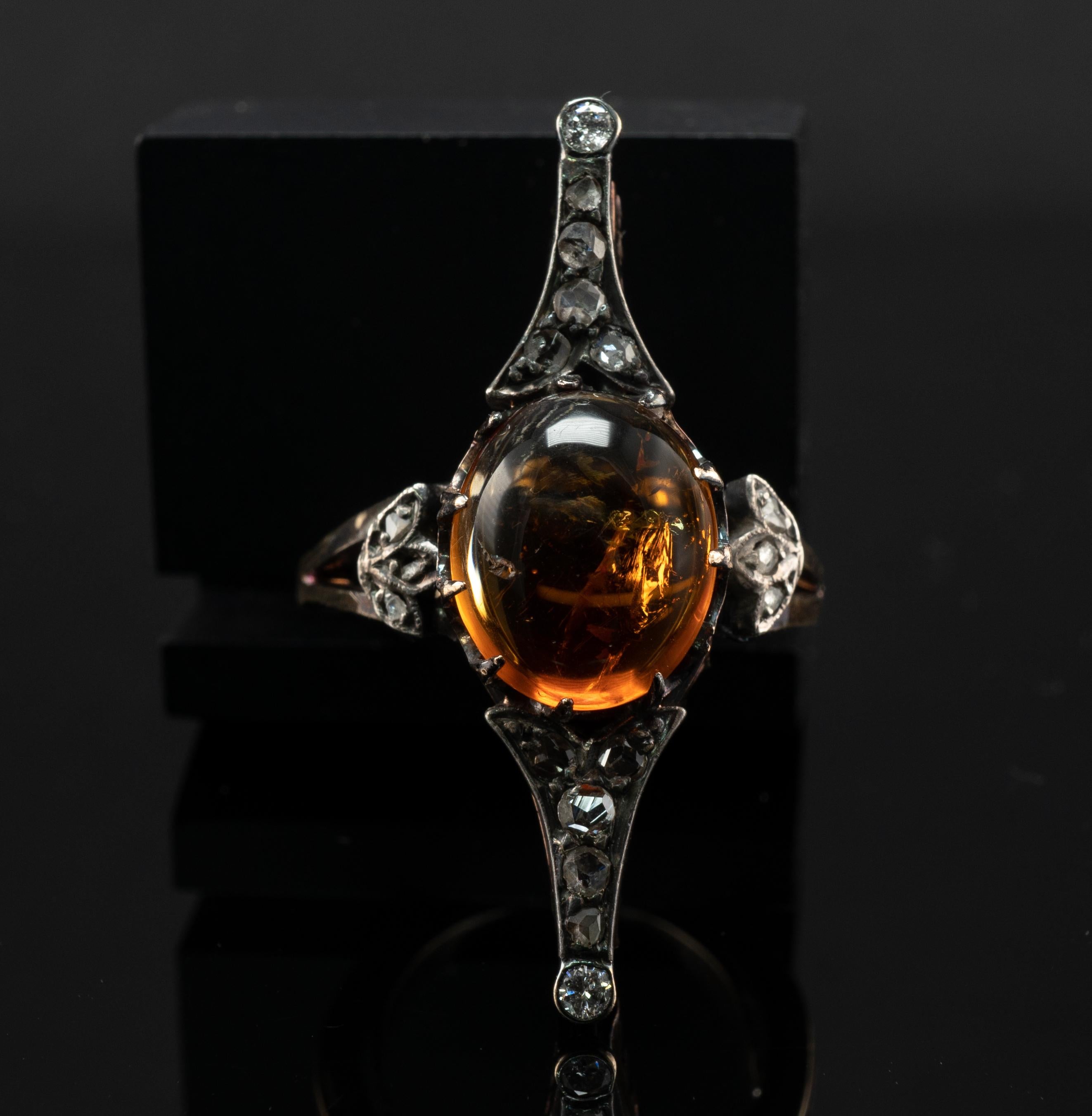 Amber Diamond Ring Elongated 14k White Gold and Sterling Silver Antique For Sale 3