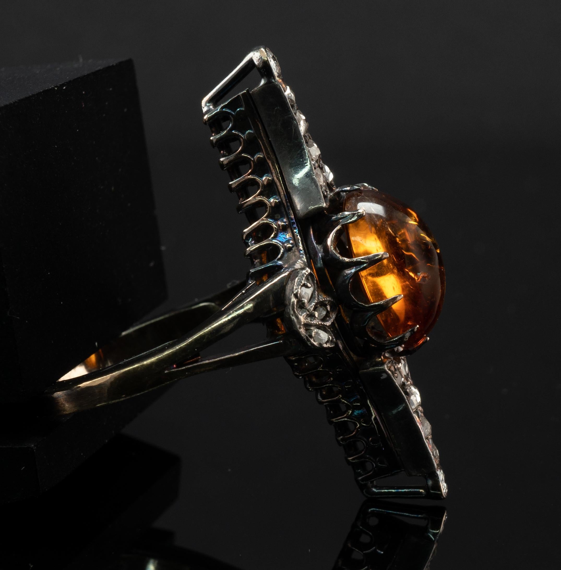 Amber Diamond Ring Elongated 14k White Gold and Sterling Silver Antique For Sale 4
