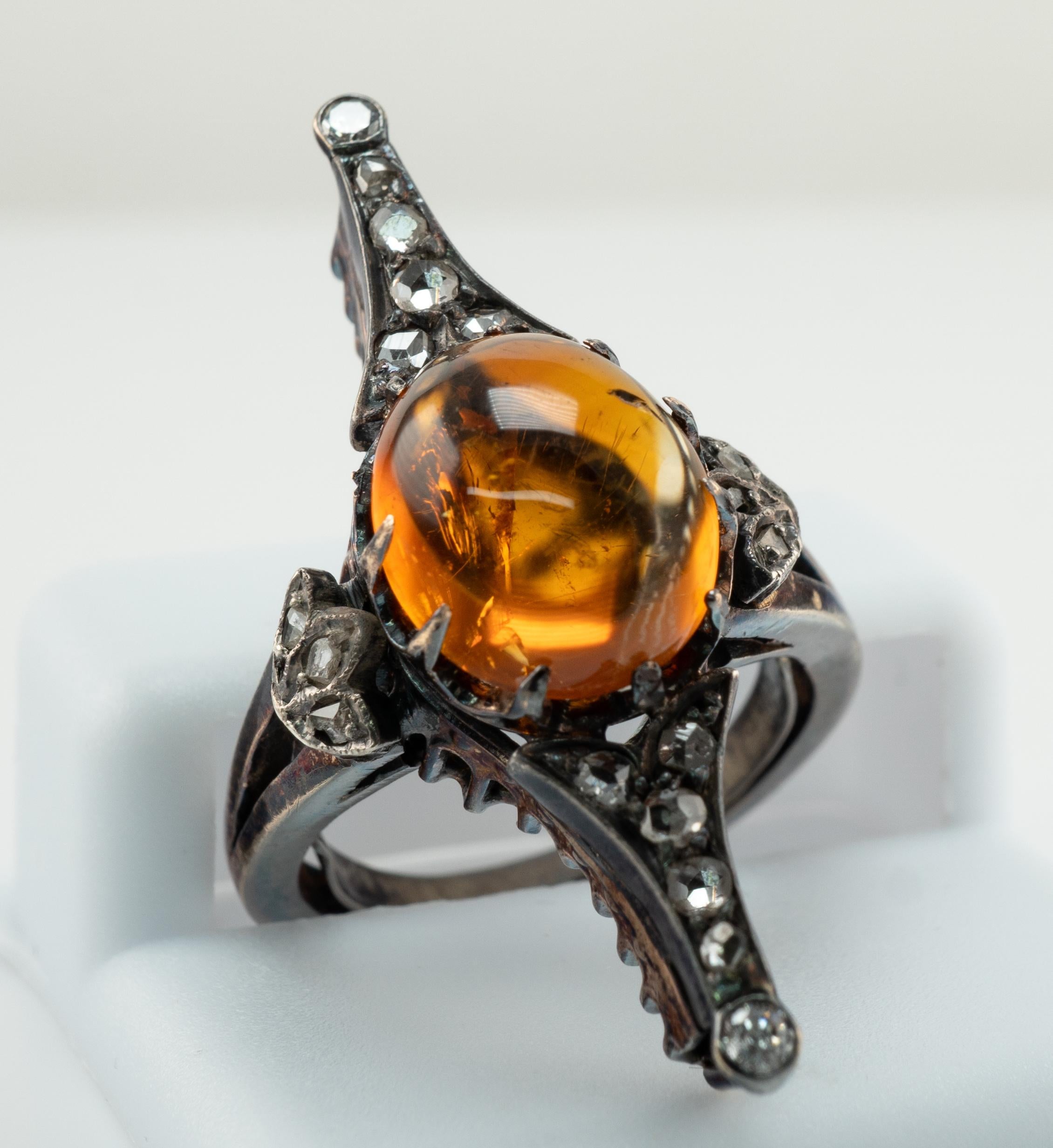 Cabochon Amber Diamond Ring Elongated 14k White Gold and Sterling Silver Antique For Sale
