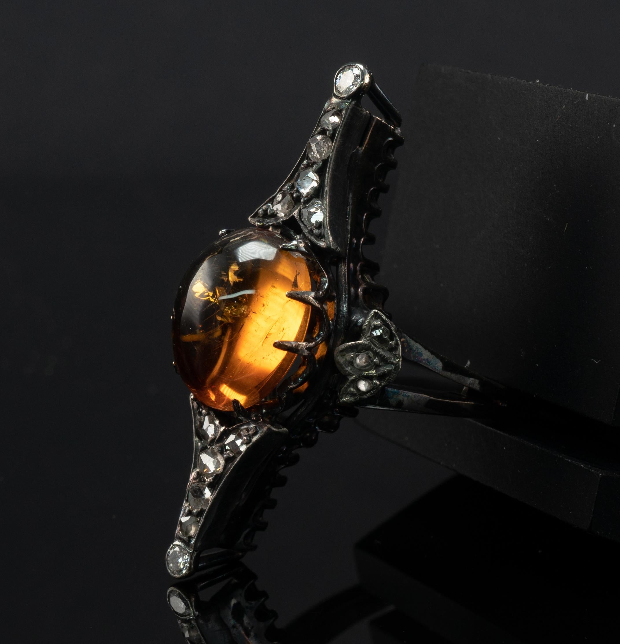 Amber Diamond Ring Elongated 14k White Gold and Sterling Silver Antique For Sale 1