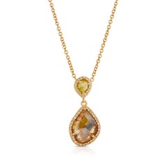 Amber Diamond Slice Drop Pendant with Diamond Pave Halo in 18k Yellow Gold