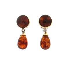 Bernstein Diamanten 18 Karat Gelb- und Weißgold Tropfenohrringe