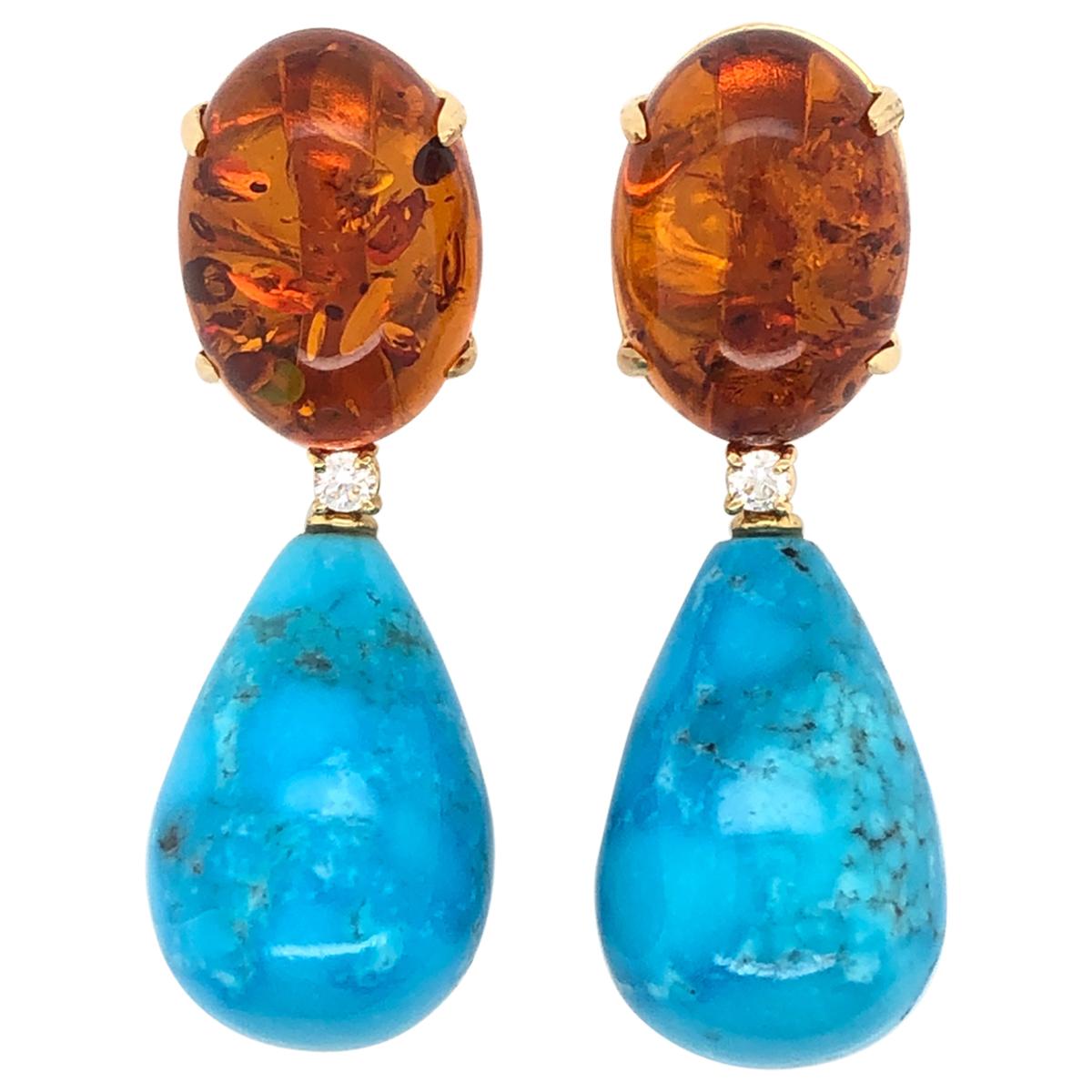 Amber, Diamonds and Turquoise on Yellow Gold 18 Karat Chandelier Earrings