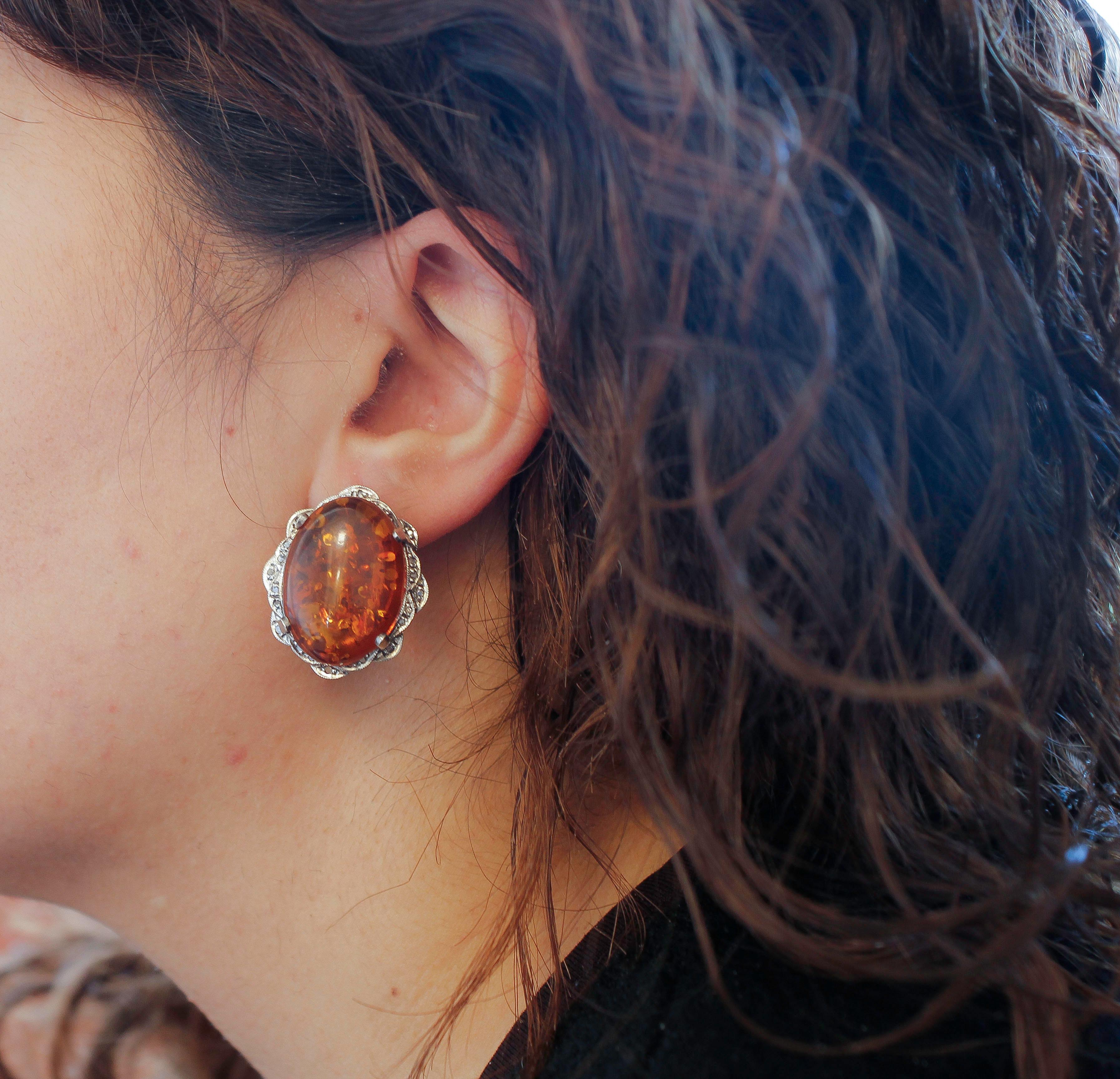 Amber, Diamonds, Rose Gold and Silver Retro Earrings In Good Condition For Sale In Marcianise, Marcianise (CE)