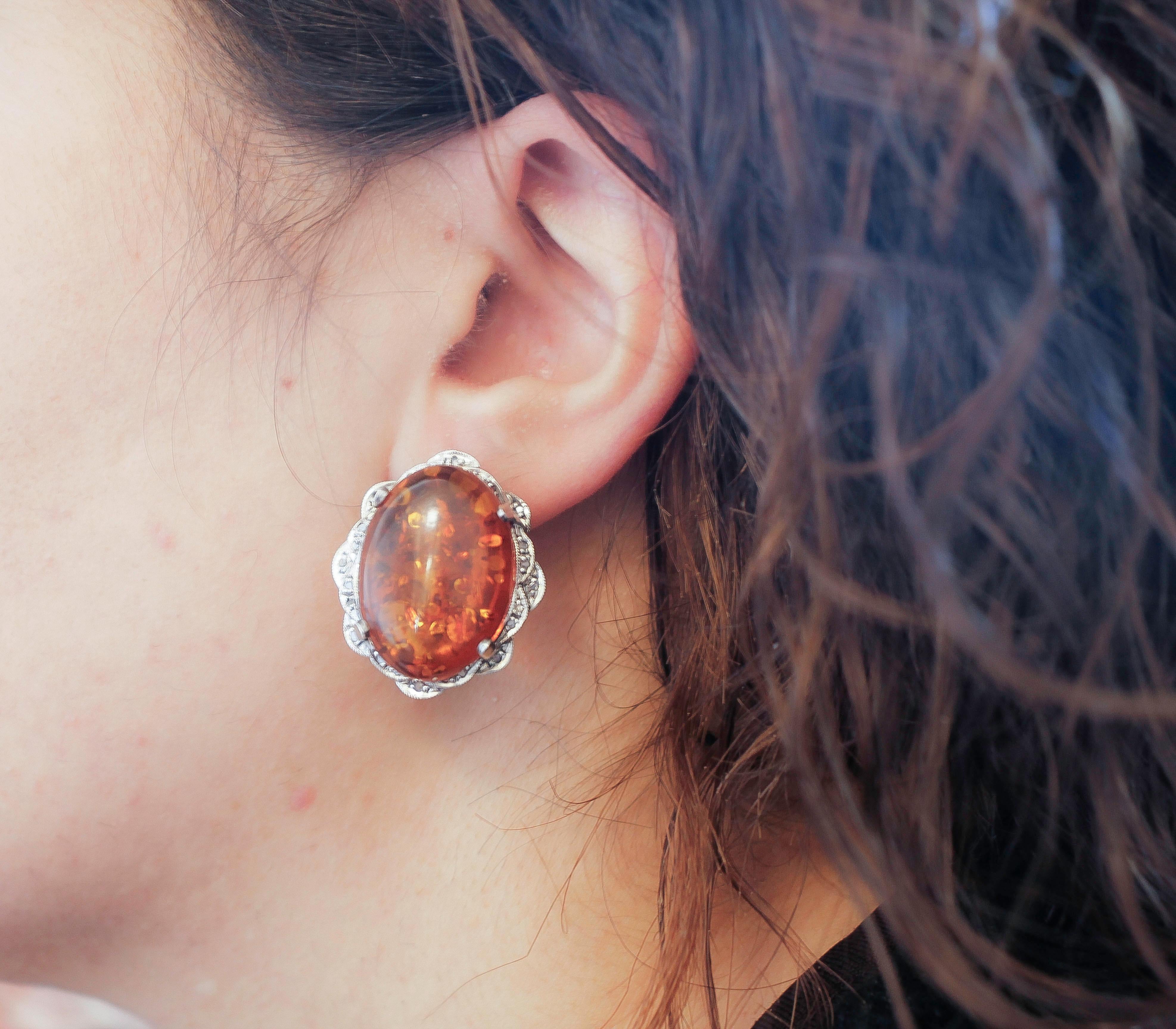 Women's Amber, Diamonds, Rose Gold and Silver Retro Earrings For Sale