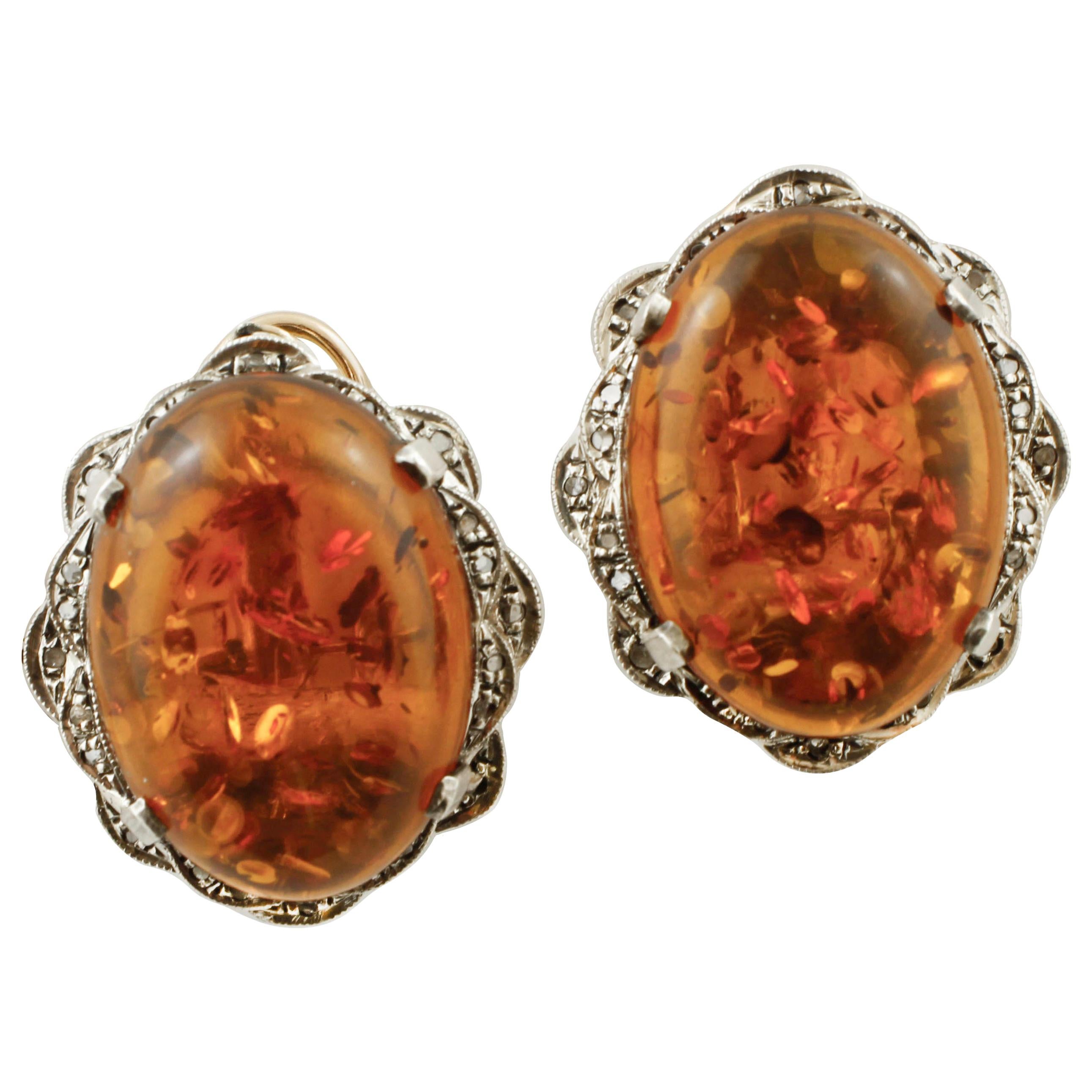 Amber, Diamonds, Rose Gold and Silver Retro Earrings