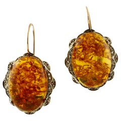 Vintage Amber, Diamonds, Rubies 9 Karat Rose Gold and Silver Dangle Earrings