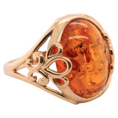 Amber Dome Cabochon 14K Yellow Gold Cocktail Ring