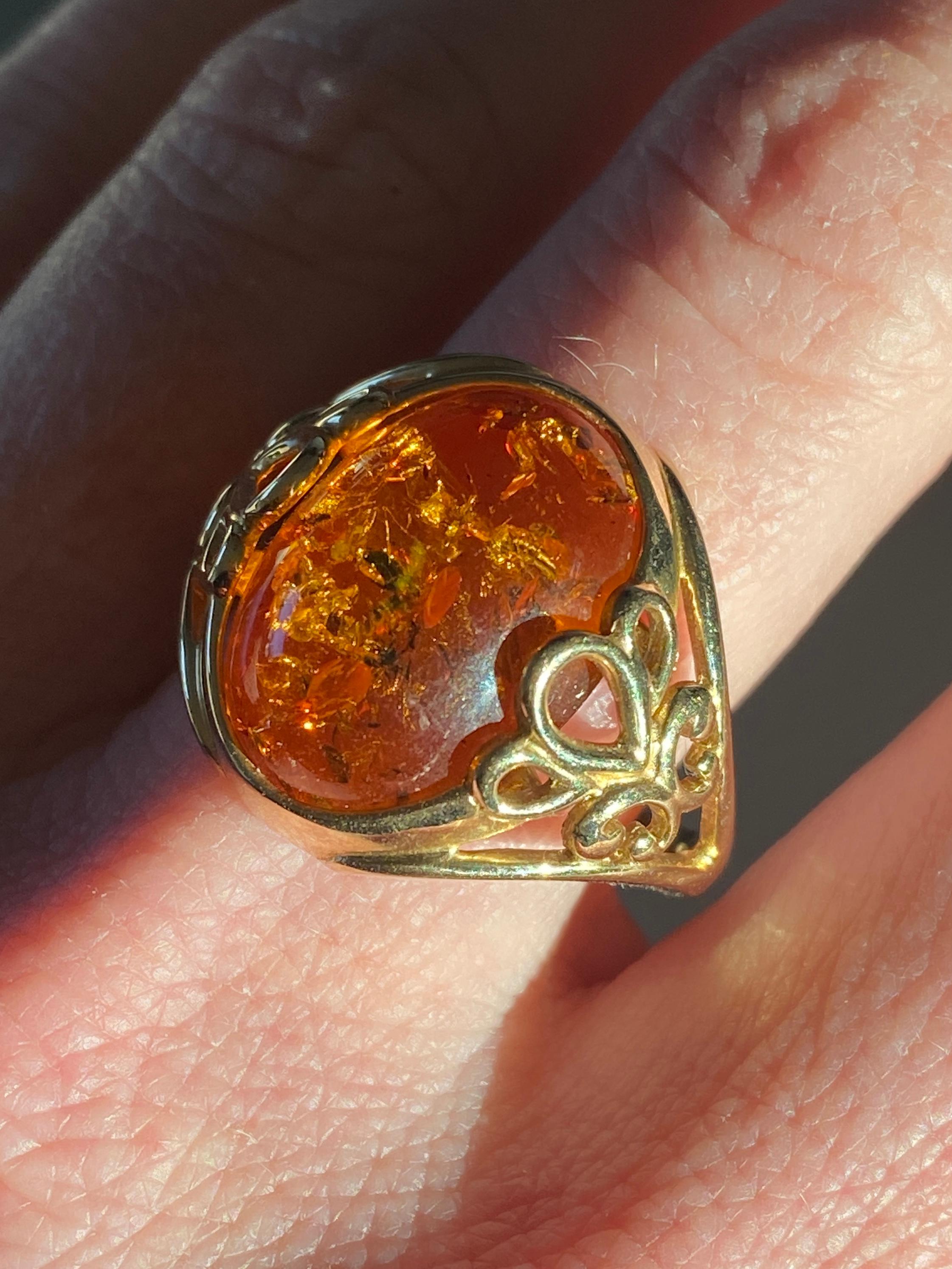 Amber Dome Cabochon 14K Yellow Gold Cocktail Ring, Size 10.  Lovely amber cocktail ring with delicate side detail.  