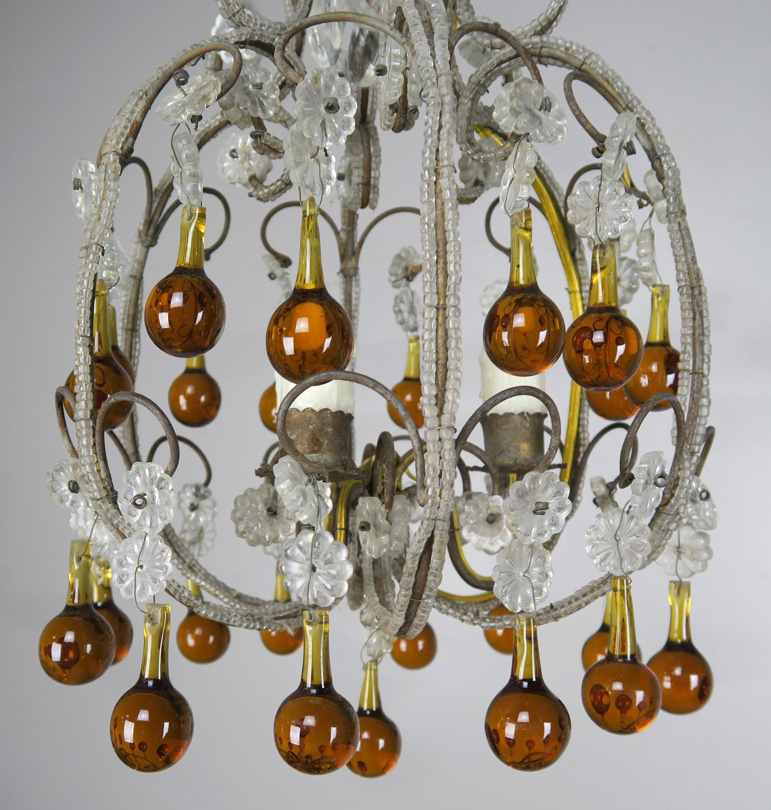 Amber Drop Crystal Beaded Chandelier In Good Condition In Los Angeles, CA