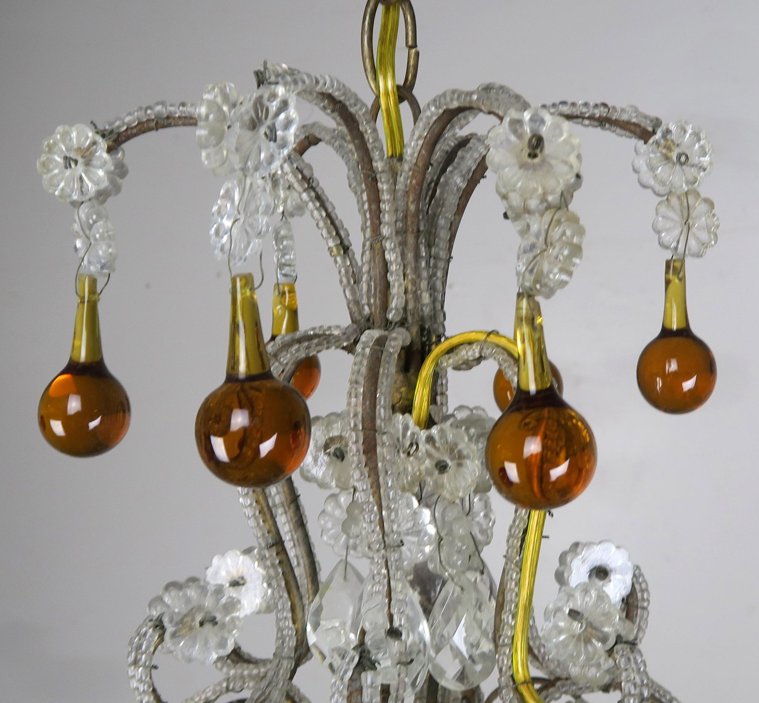 Mid-20th Century Amber Drop Crystal Beaded Chandelier