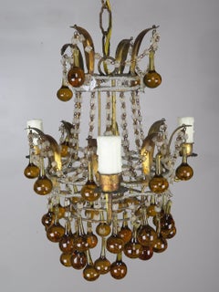 Amber Drop Gilt Metal Crystal Beaded Chandelier, circa 1930
