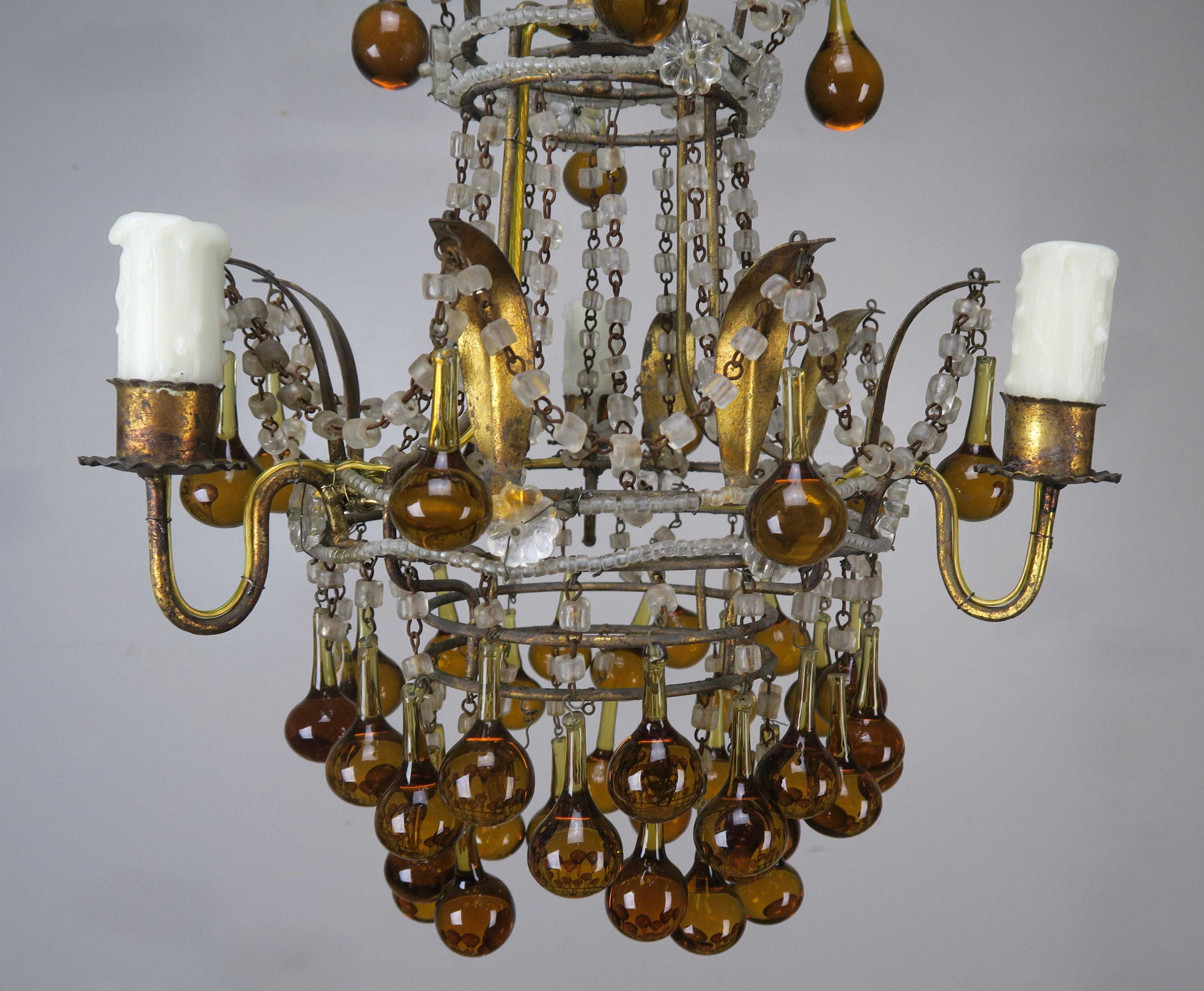 Rococo Amber Drop Gilt Metal Crystal Beaded Chandelier, circa 1930