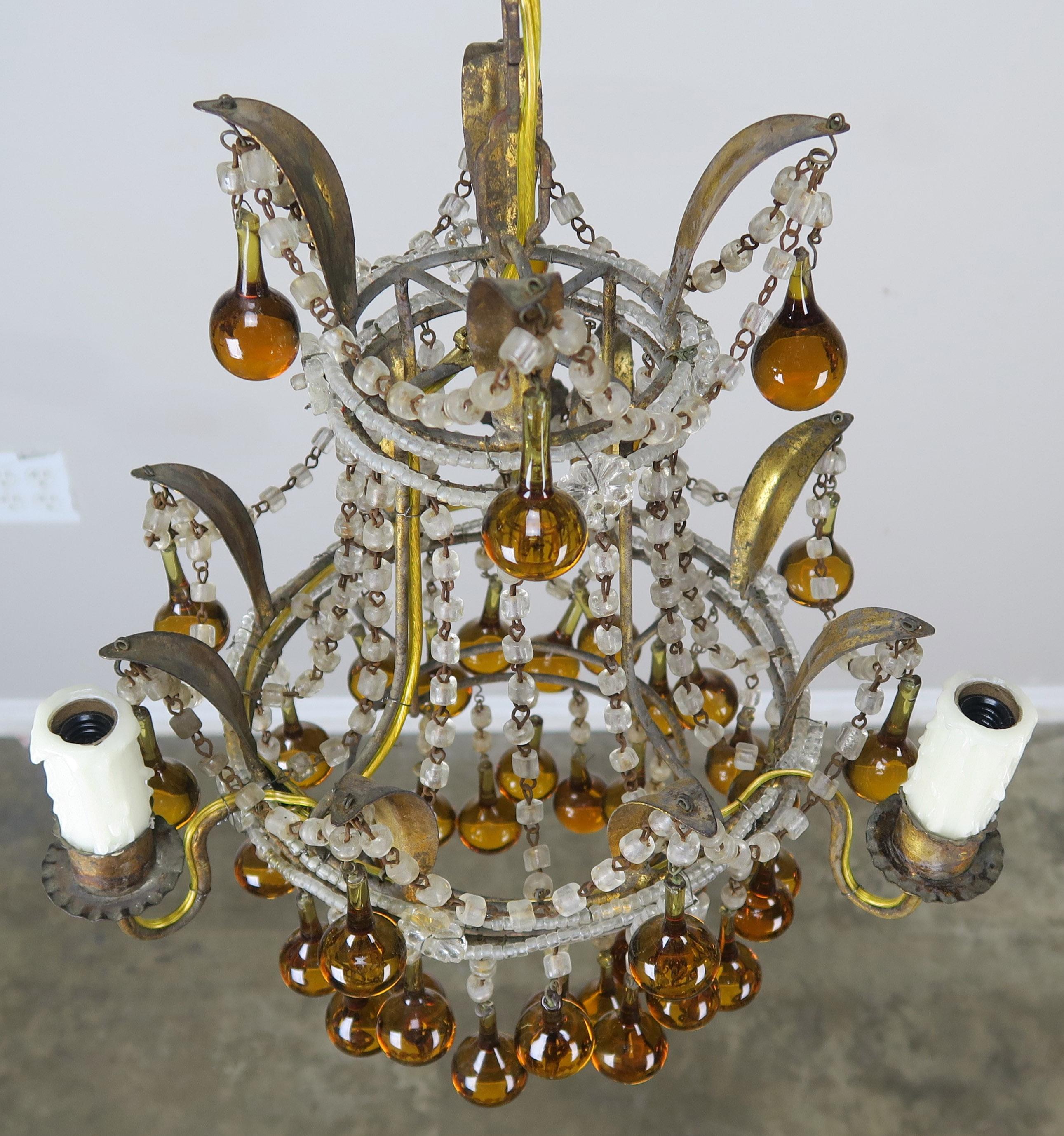 Mid-20th Century Amber Drop Gilt Metal Crystal Beaded Chandelier, circa 1930