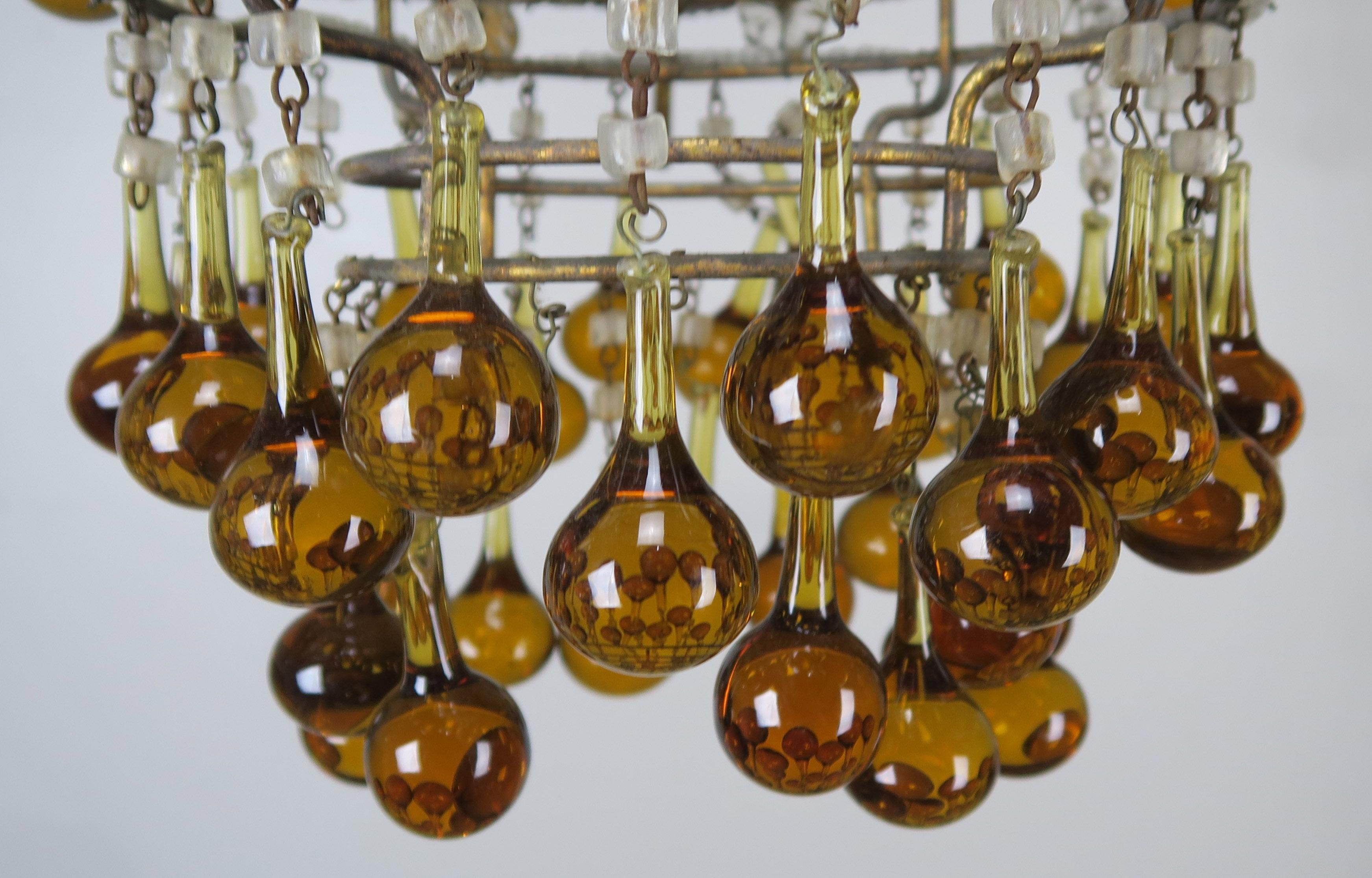 Amber Drop Gilt Metal Crystal Beaded Chandelier, circa 1930 1