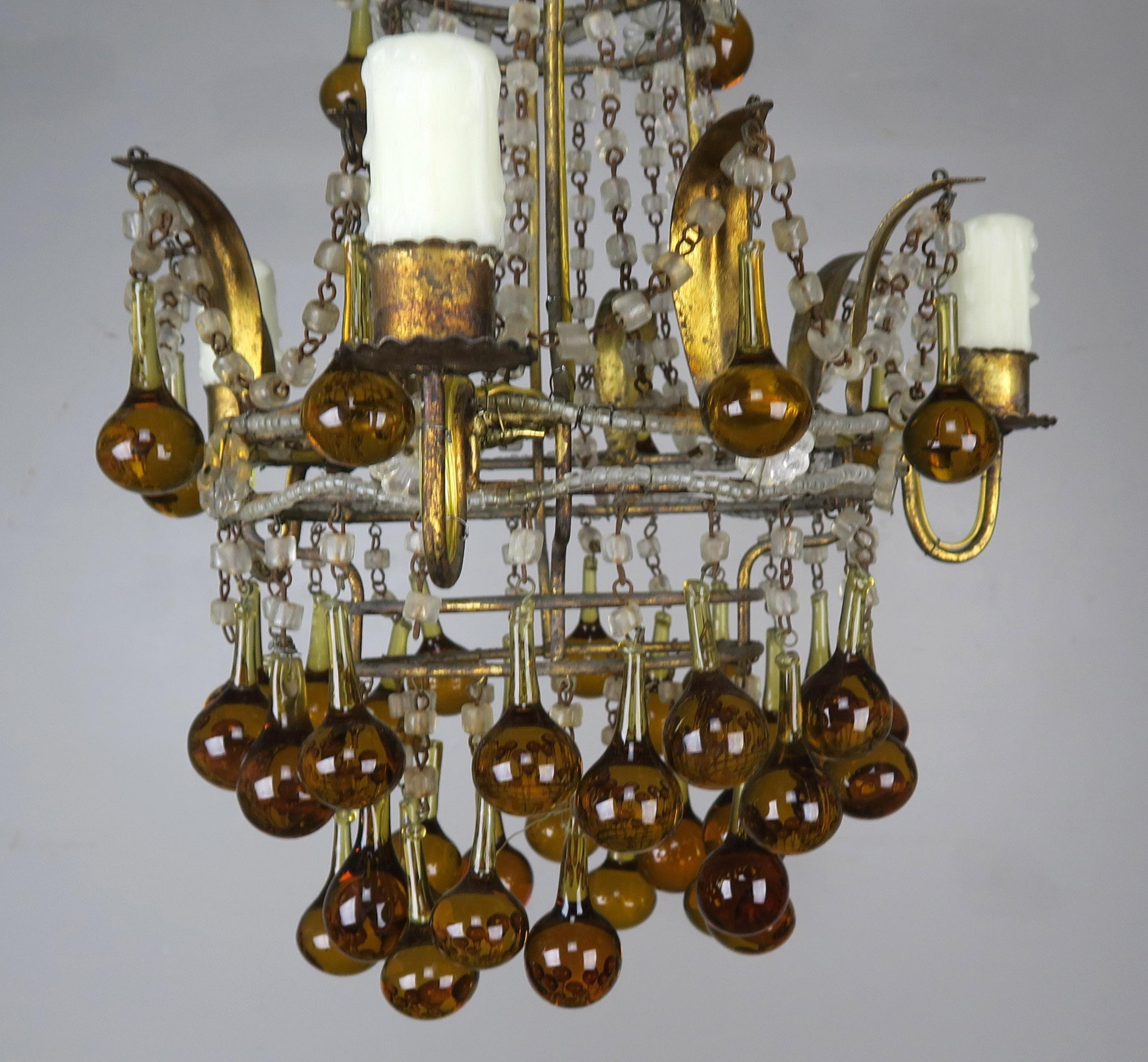 Amber Drop Gilt Metal Crystal Beaded Chandelier, circa 1930 2