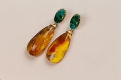 Amber  18k Gold and Azzurrite Hand Made Earrings
