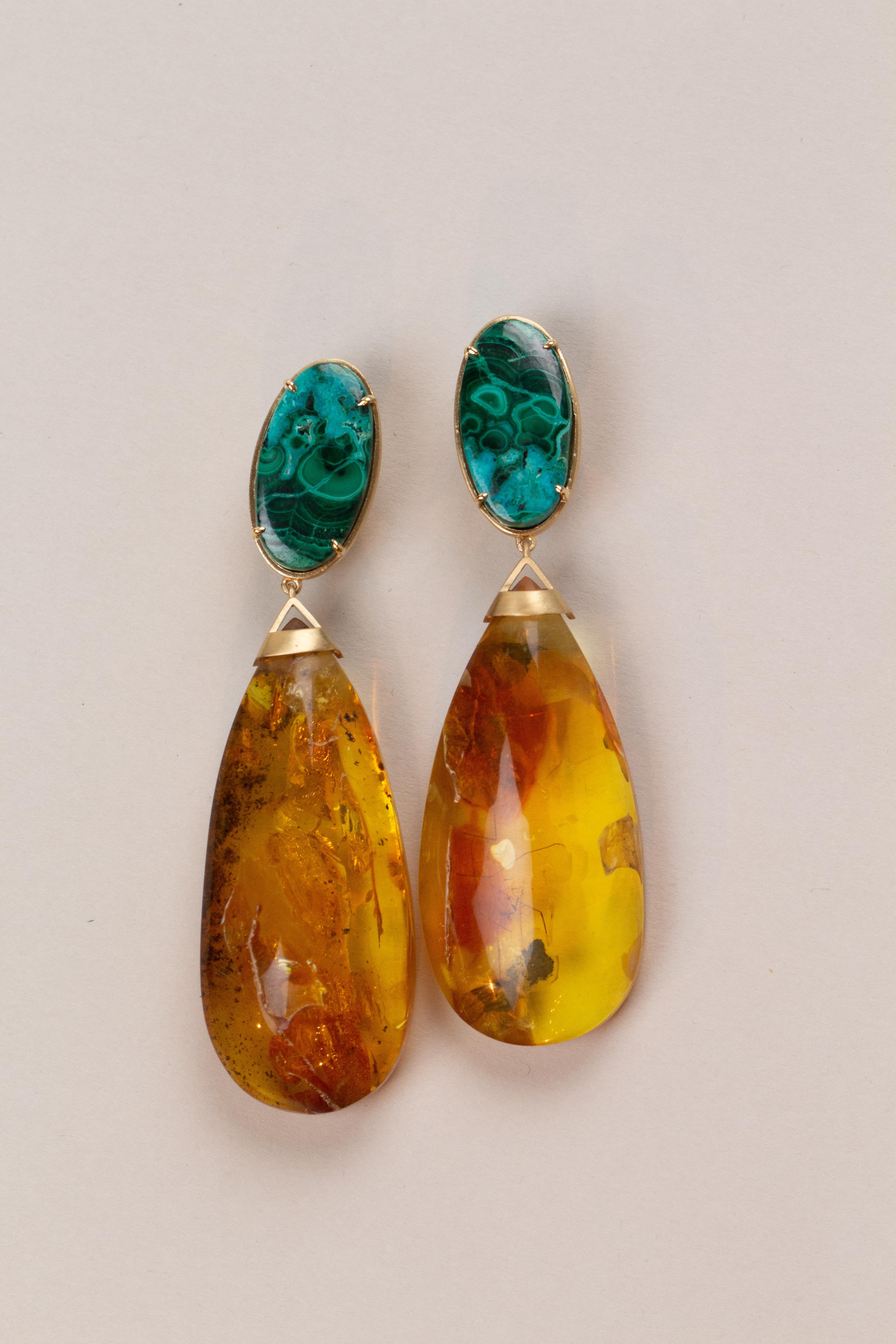 Artisan Amber  18k Gold and Azzurrite Hand Made Earrings For Sale