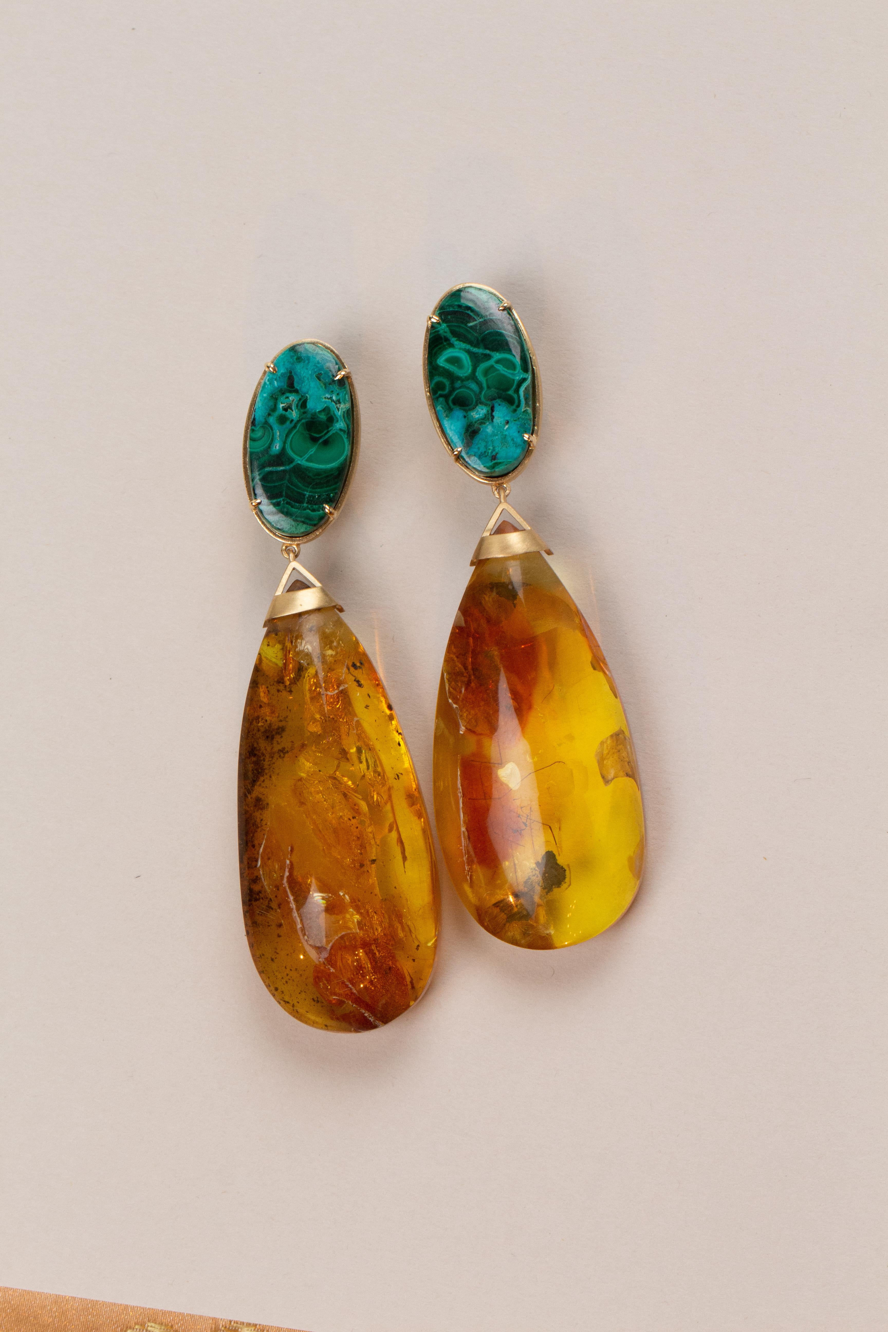 Mixed Cut Amber  18k Gold and Azzurrite Hand Made Earrings For Sale
