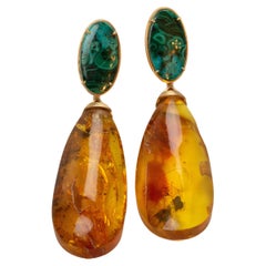 Amber  18k Gold and Azzurrite Hand Made Earrings