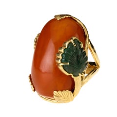 Emerald Leaf Butterscotch Amber 18 Karat Yellow Gold Dome Ring