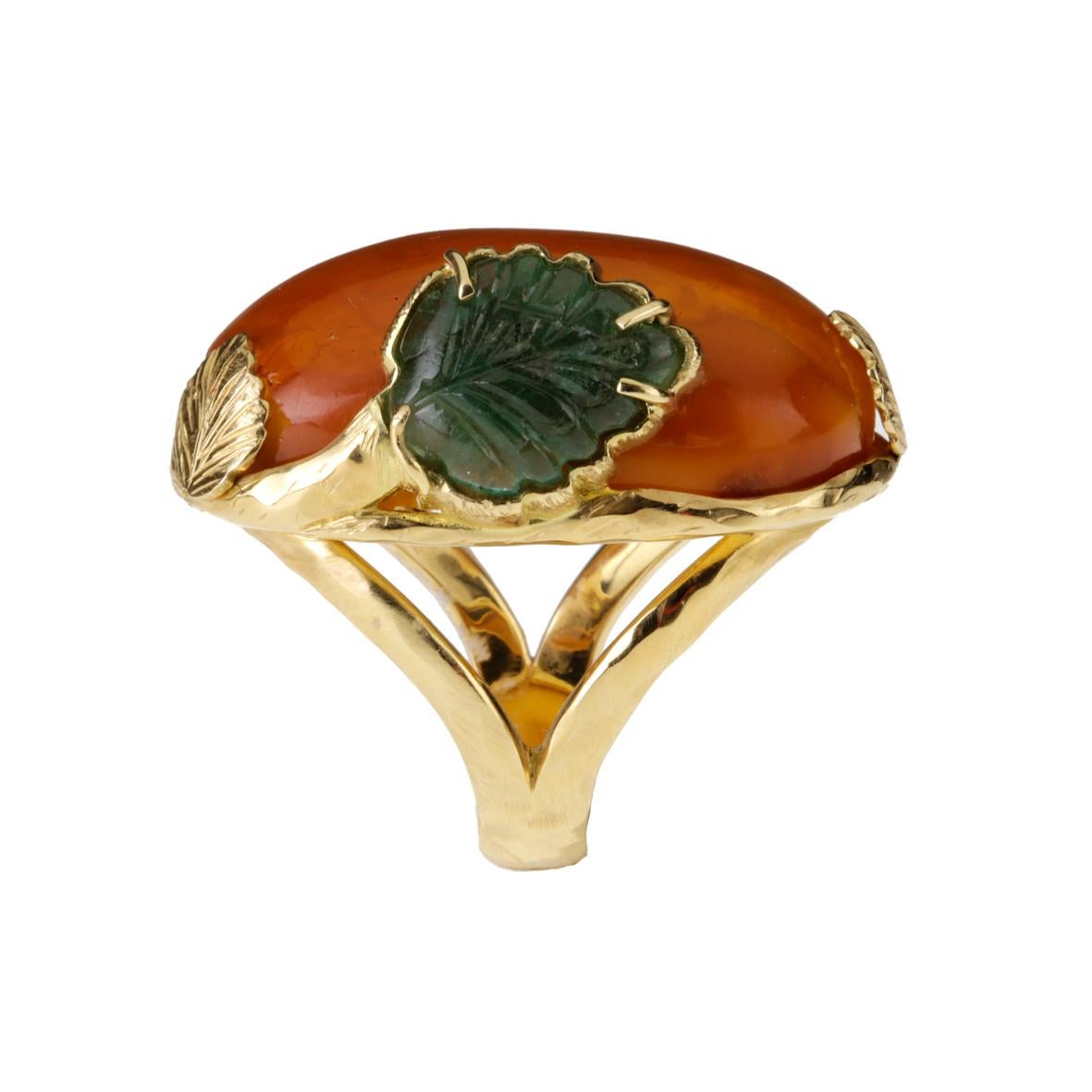 Artisan Emerald Leaf Butterscotch Amber 18 Karat Yellow Gold Dome Ring